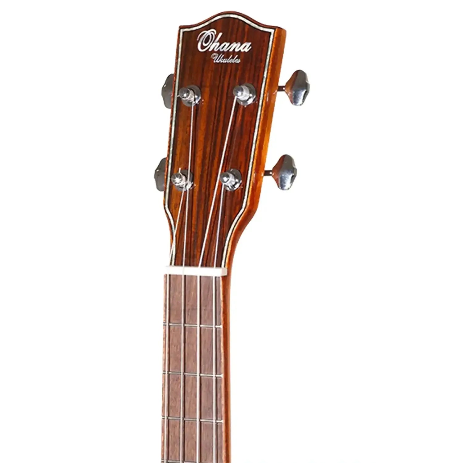 Ohana BK-50G Baritone Ukulele headstock with Grover chrome tuners, mahogany binding, and gloss finish.