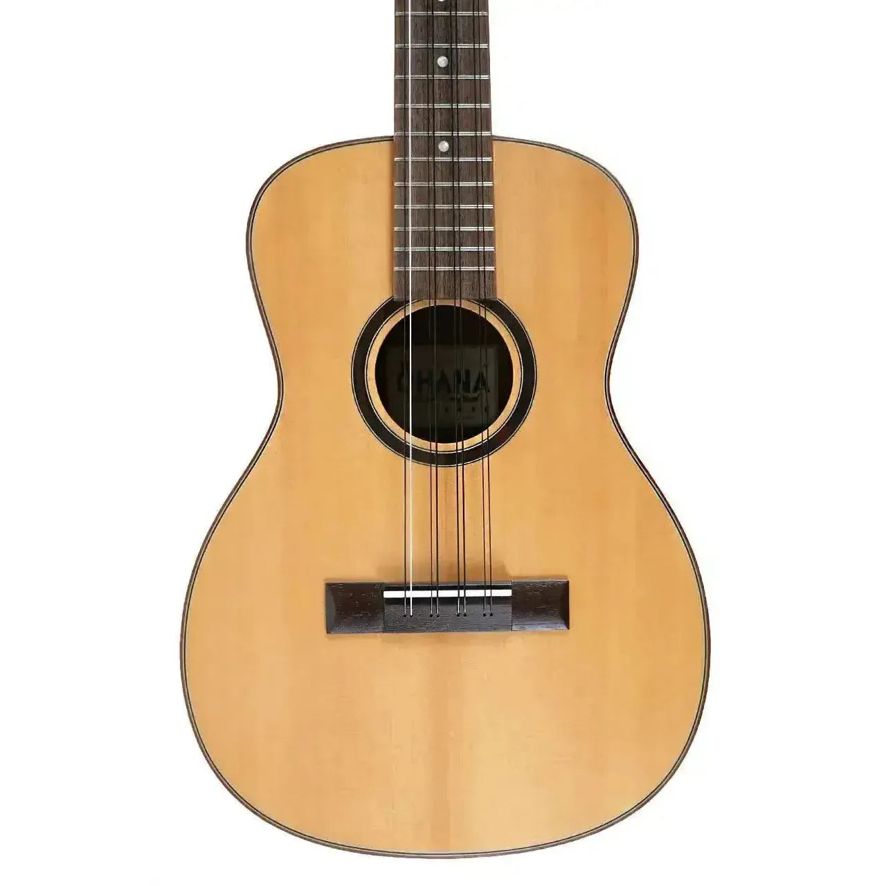 Ohana BK-70-8 8-string baritone ukulele with solid spruce top, rosewood bridge, and black rosette.