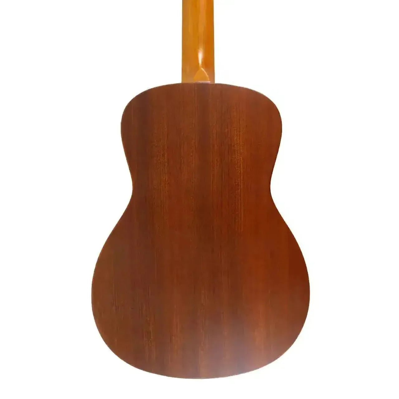 Back of an Ohana BK-70-8 8-string baritone ukulele, showing its solid mahogany back and neck.