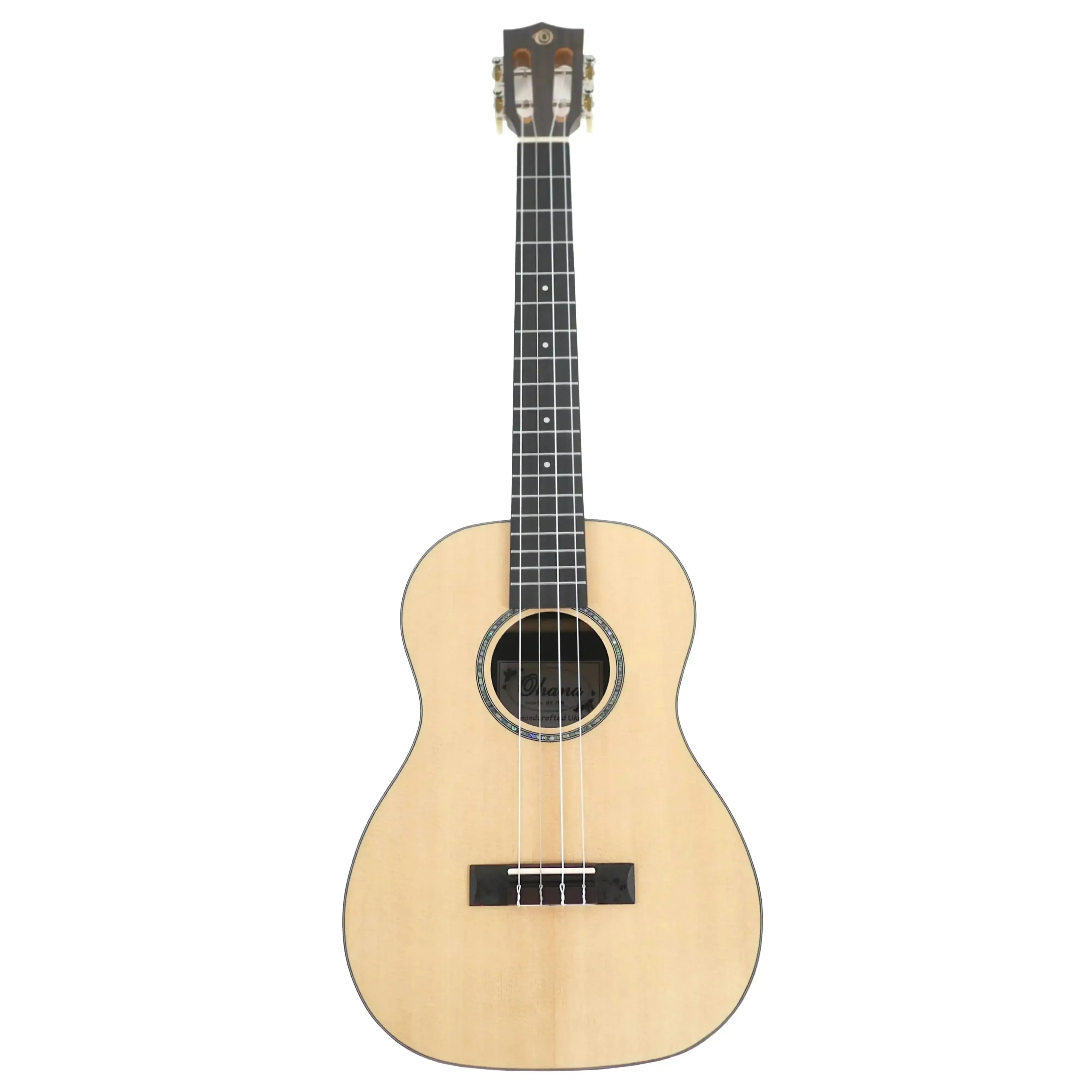 Ohana BK-70R Baritone Ukulele with solid spruce top, dark fretboard, and abalone rosette.