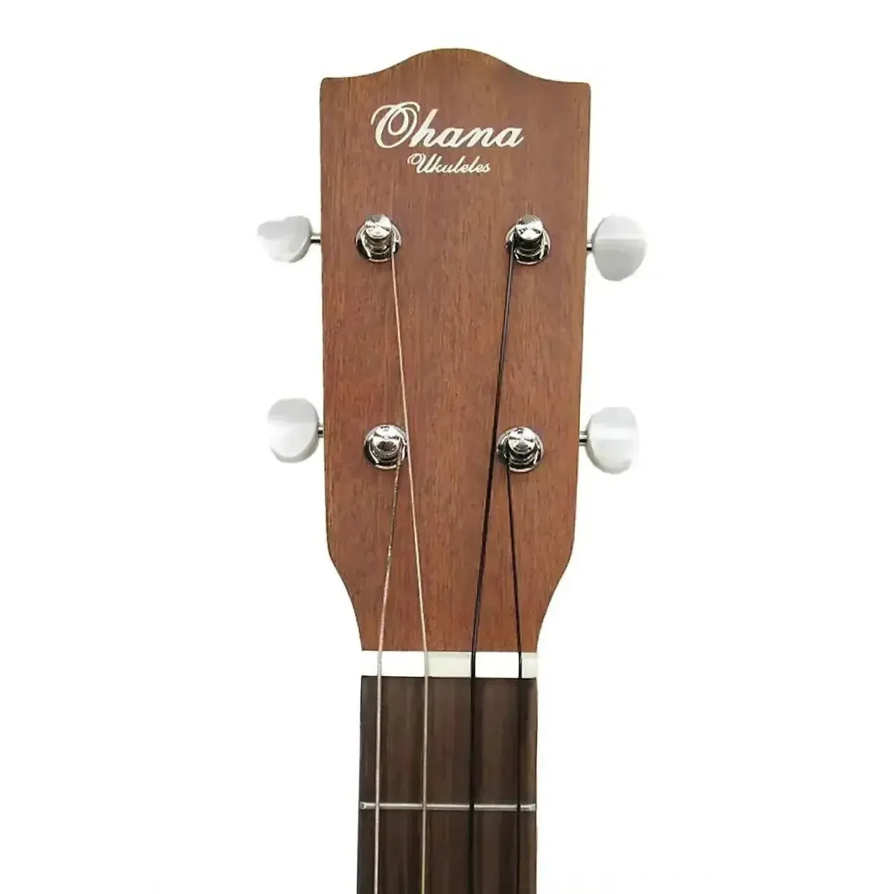Ohana BK-70RB Baritone Ukulele headstock, mahogany with white tuners and "Ohana Ukuleles" logo.