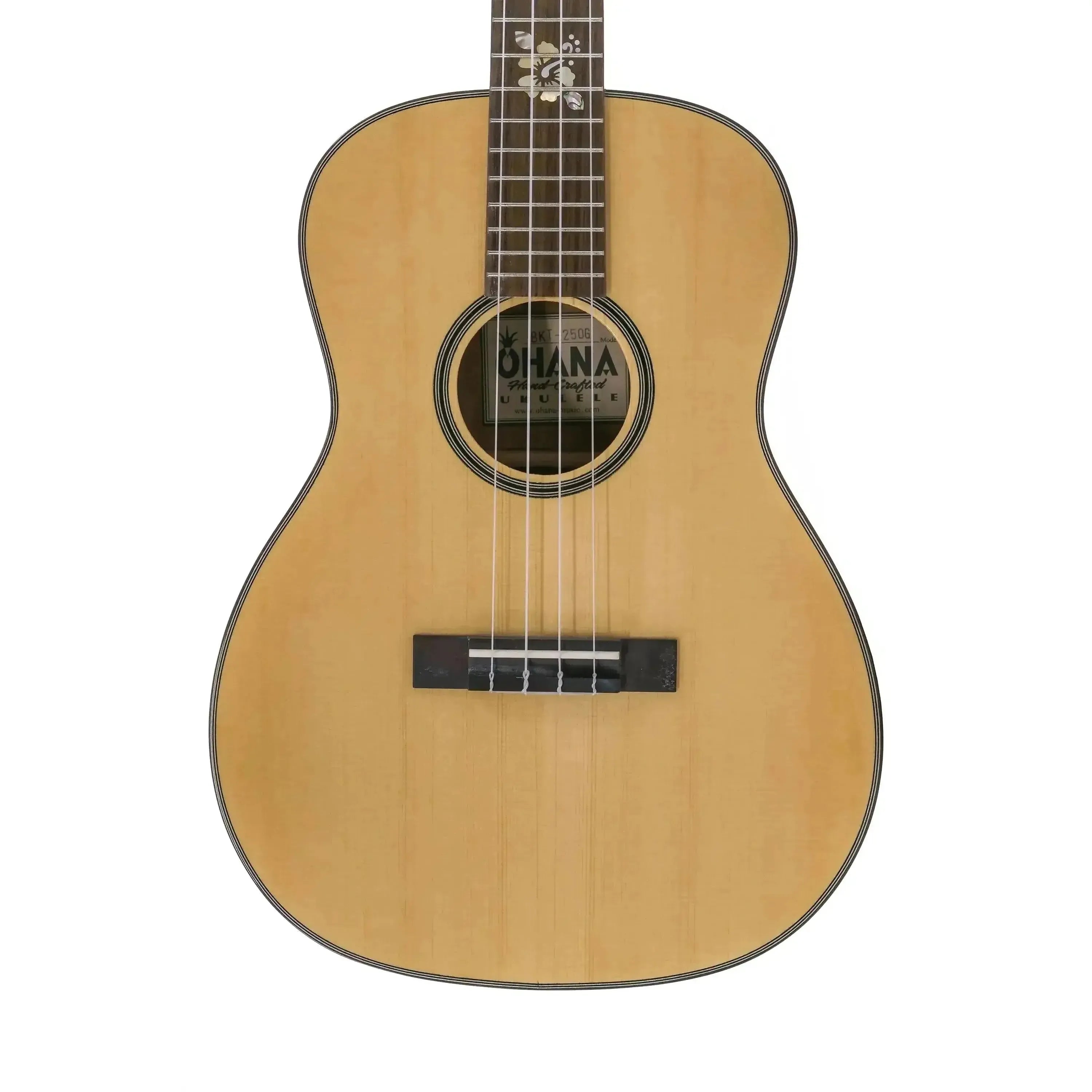 Ohana BKT-250G Baritone Ukulele with light spruce top, black bridge, and floral fretboard inlay.