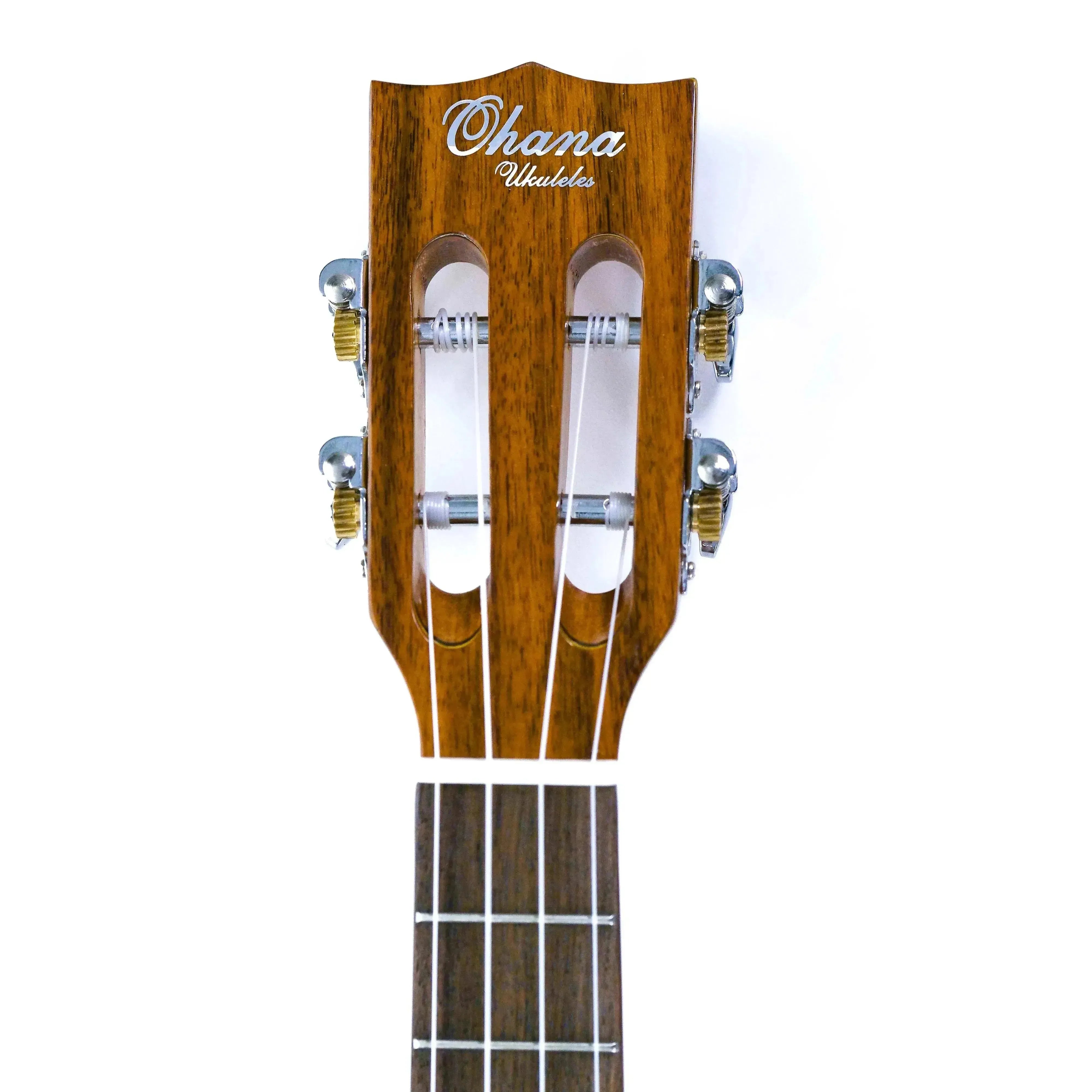Ohana BKT-250G ukulele headstock with slotted design, "Ohana Ukuleles" logo, and tuning pegs.