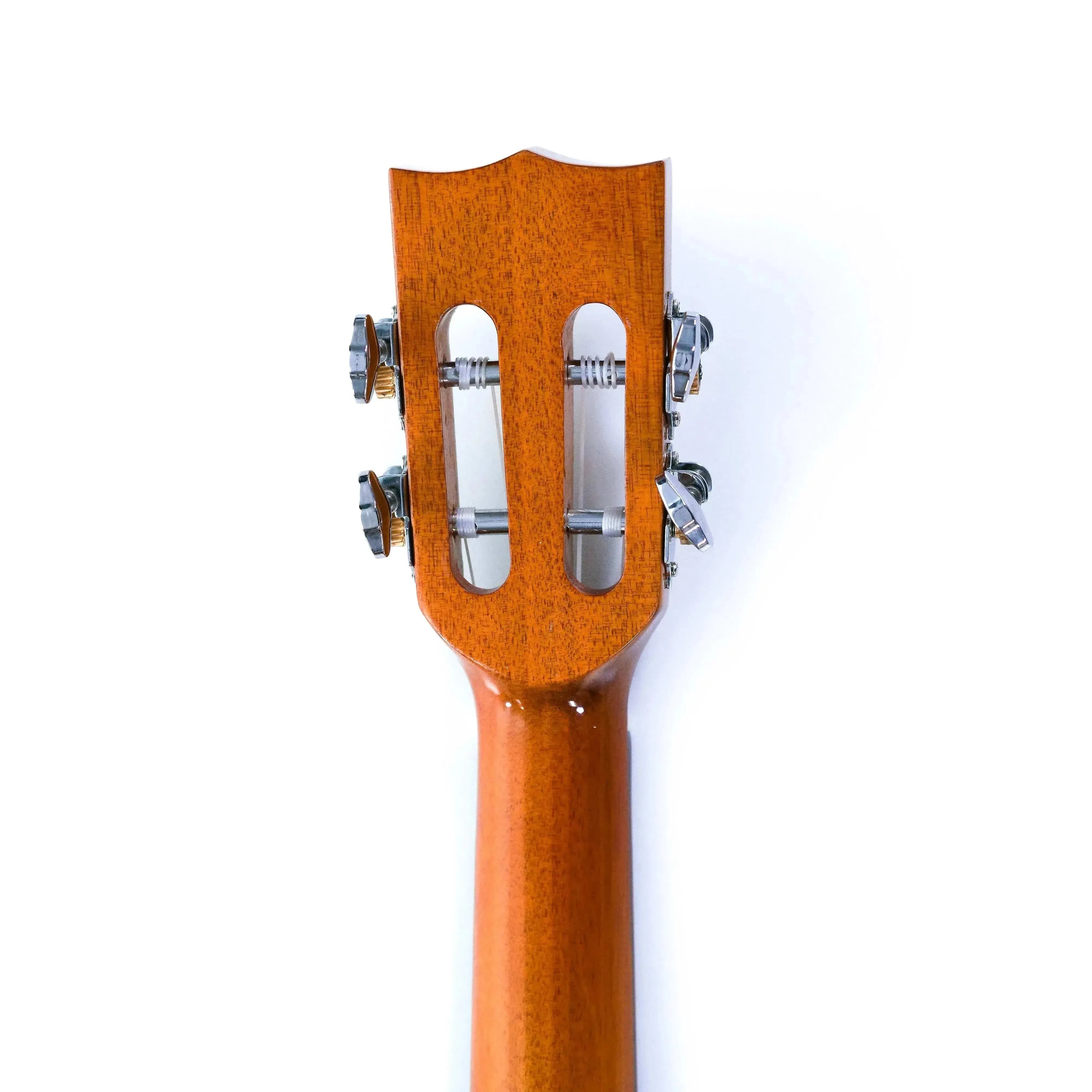 Ohana BKT-250G ukulele headstock with classic open slotted design and chrome tuners.