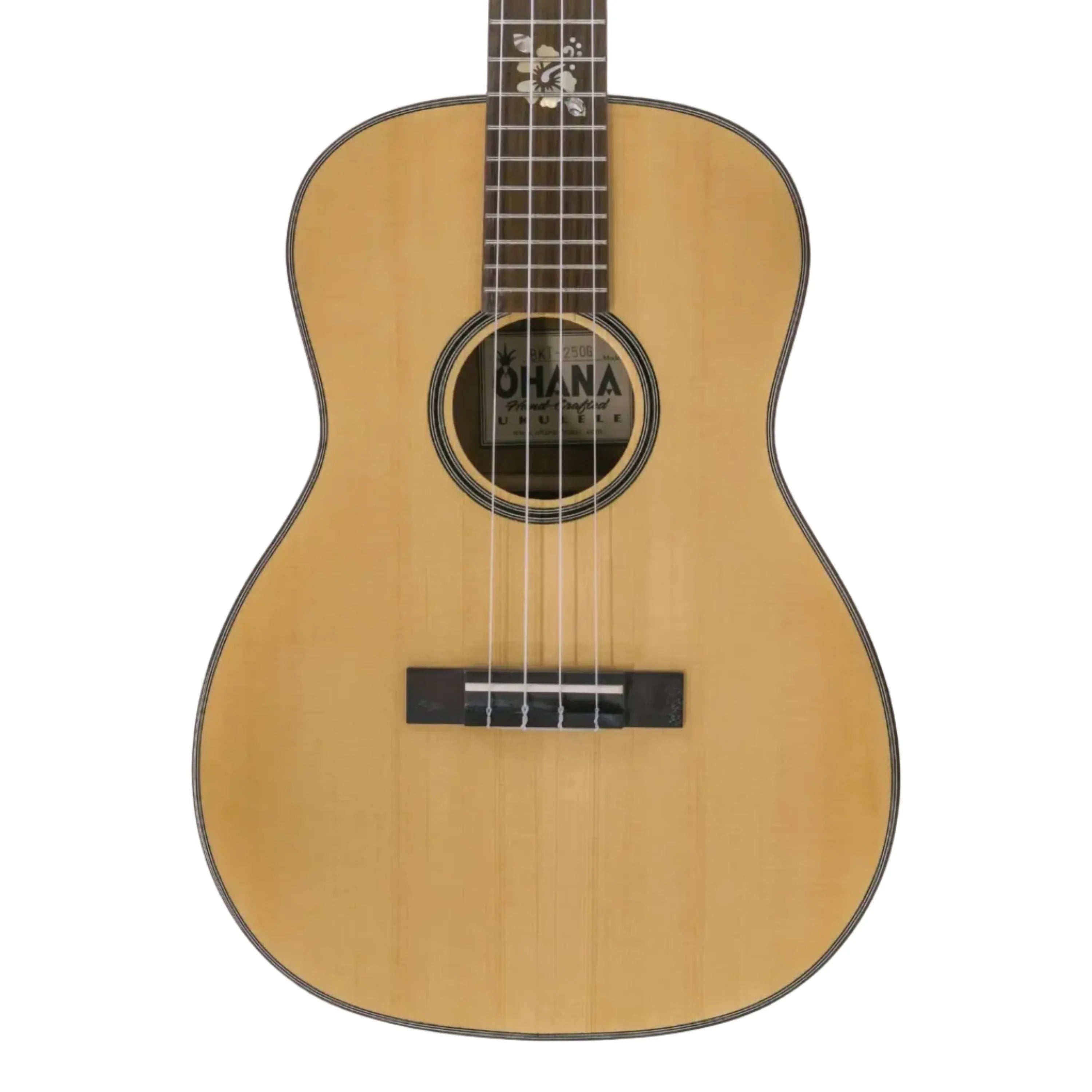 Ohana BKT-250G Baritone Ukulele with light spruce top, dark fretboard, and floral inlay.
