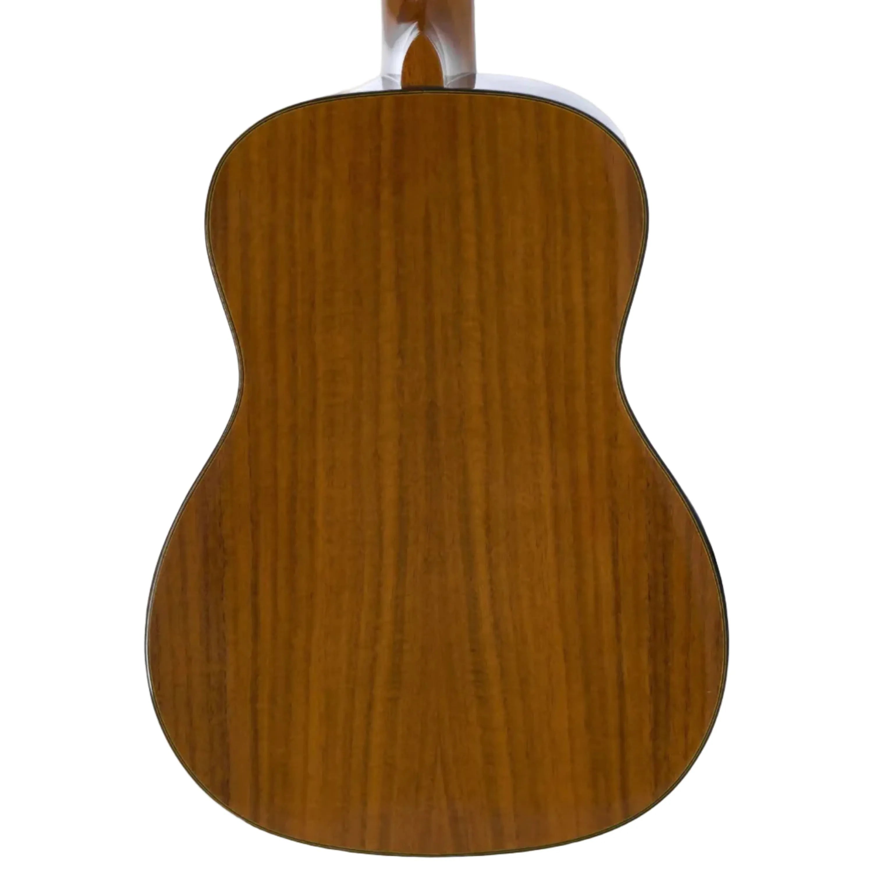 Back of an Ohana BKT-250G Baritone Ukulele, showing the solid acacia wood with a gloss finish.