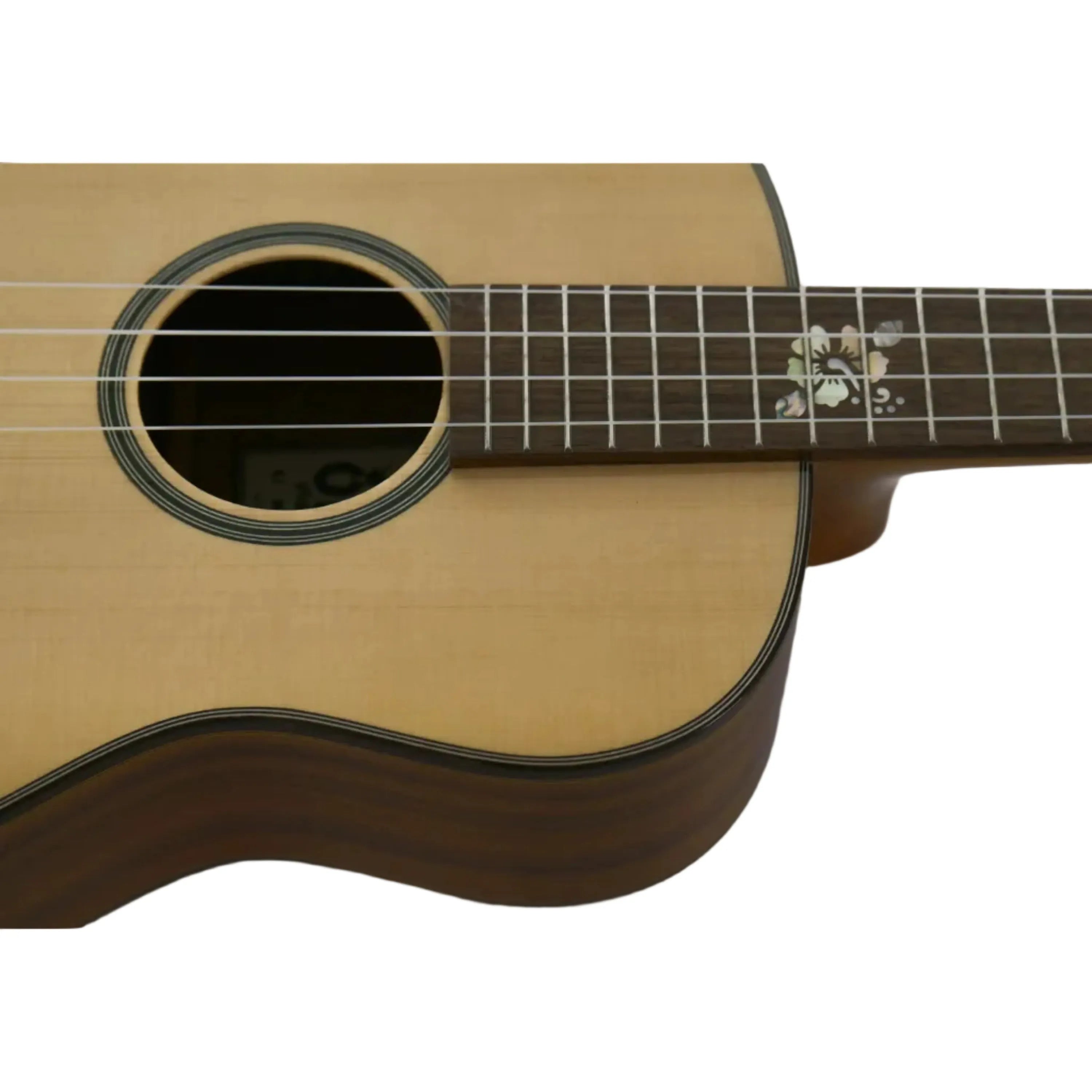 Ohana BKT-250G Baritone Ukulele with spruce top, dark acacia sides, and floral fretboard inlay.