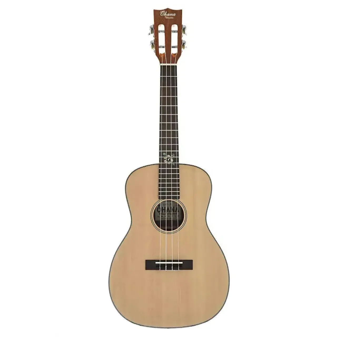 Ohana BKT-70G baritone ukulele with solid spruce top, gloss finish, and black/white rosette.