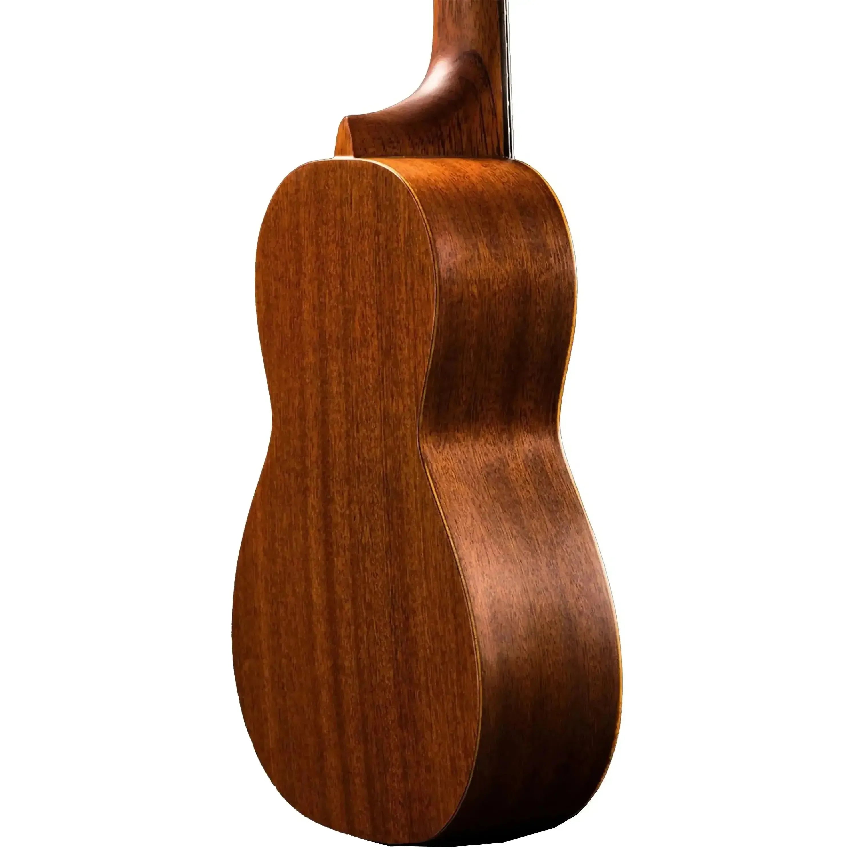 Ohana CK-10 Mahogany Concert Ukulele's back and side, showing warm wood grain and satin finish.