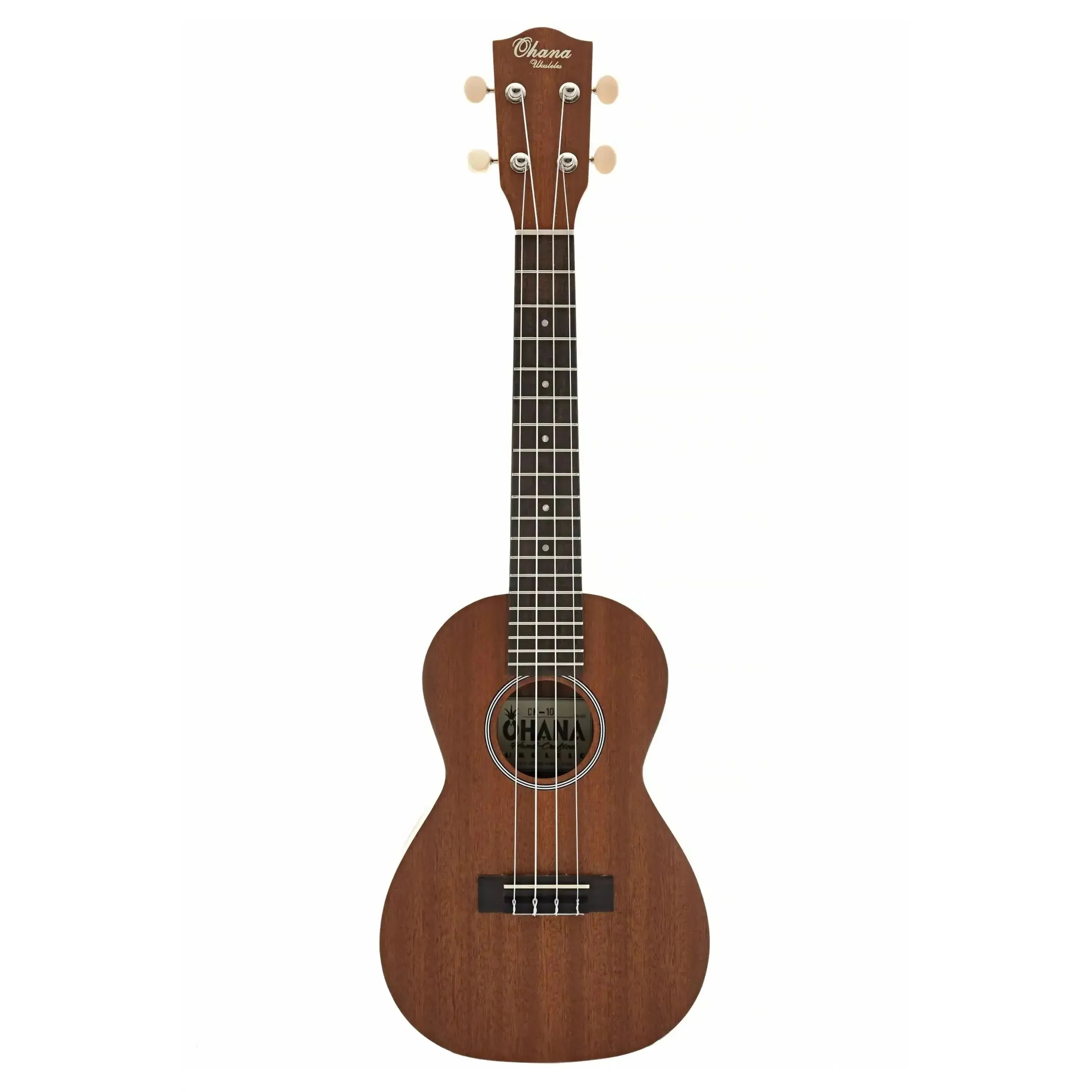 Ohana CK-10 Mahogany Concert Ukulele with satin finish, classic headstock, and black-and-white rosette.