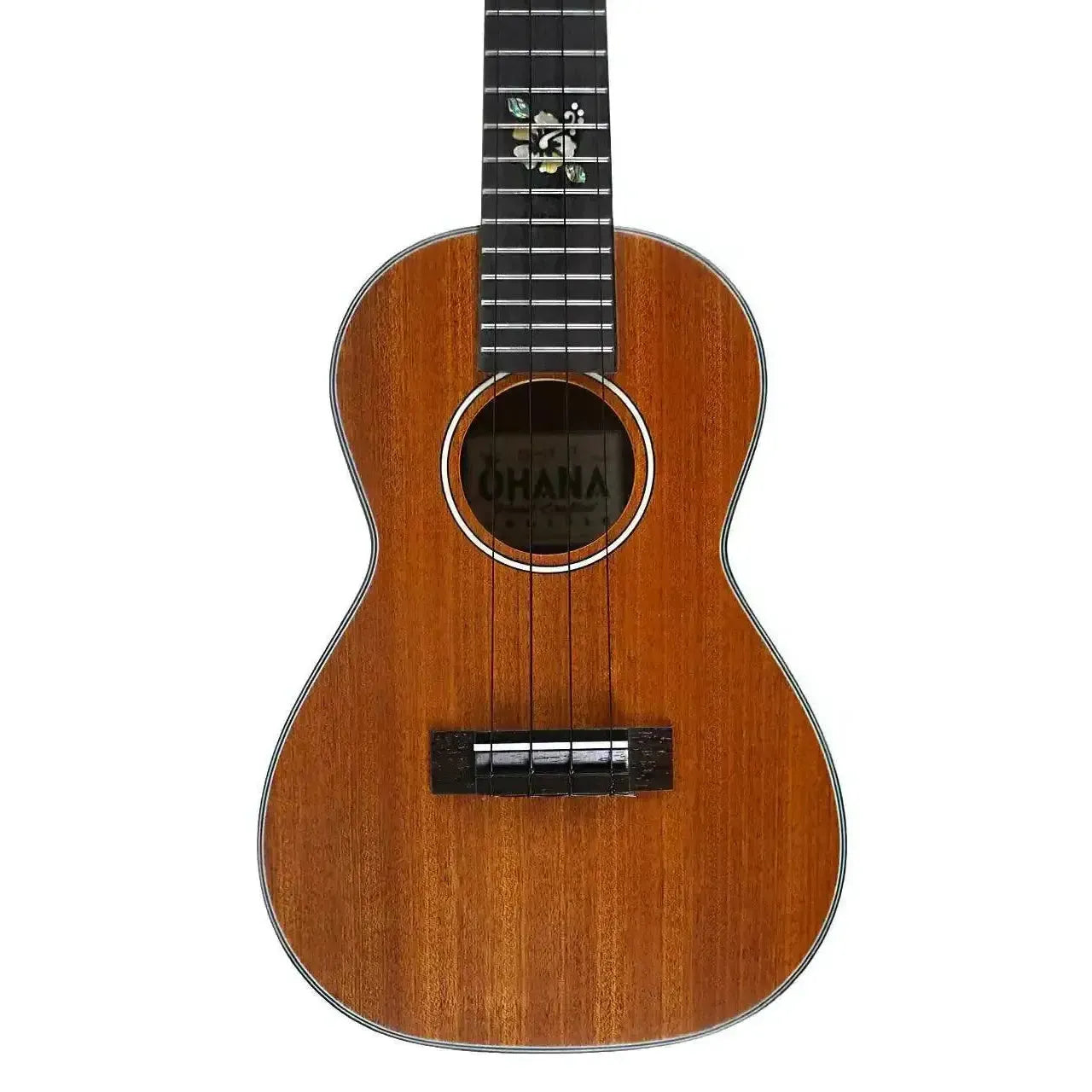Ohana CK-14-CL Cynthia Lin Series mahogany concert ukulele with floral headstock inlay.