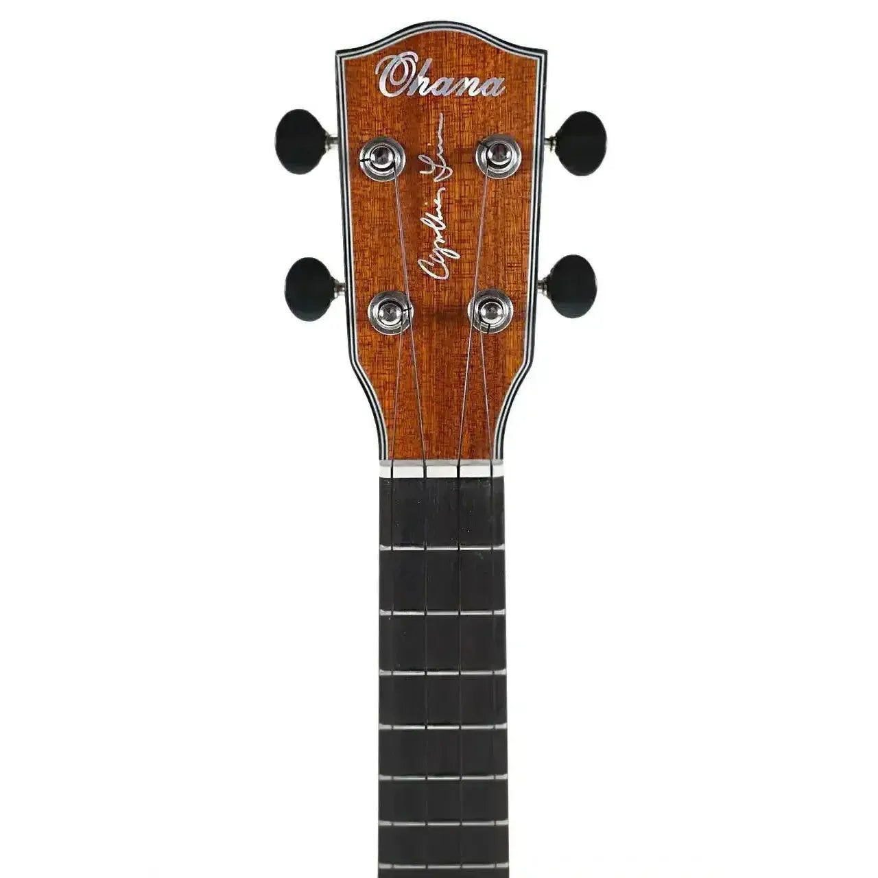 Ohana Cynthia Lin Series mahogany concert ukulele headstock with black tuners and signature.