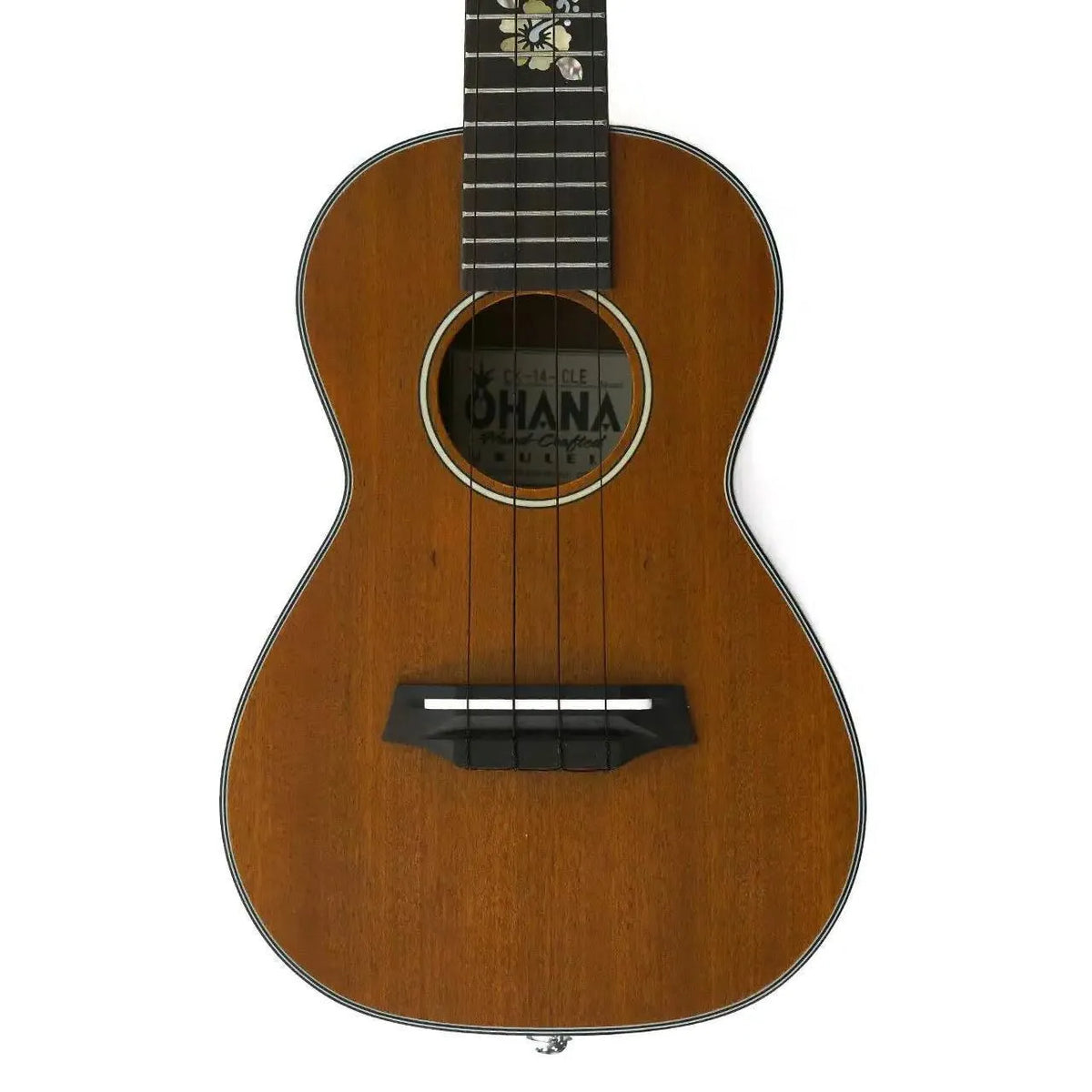 Ohana Cynthia Lin Concert Ukulele with mahogany body, satin finish, and floral fretboard inlay.