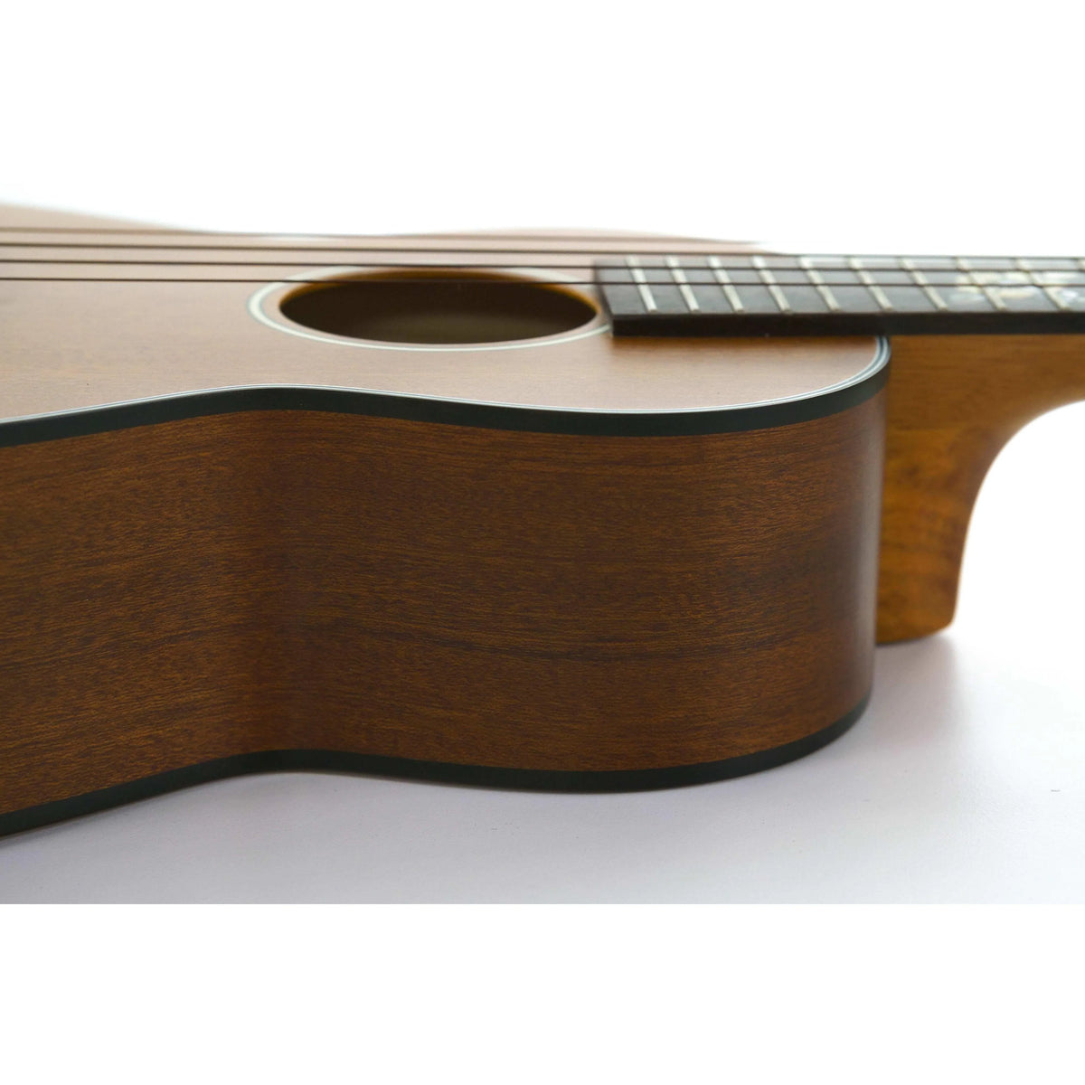 Ohana Cynthia Lin Concert Ukulele, close-up of mahogany body with satin finish and soundhole.