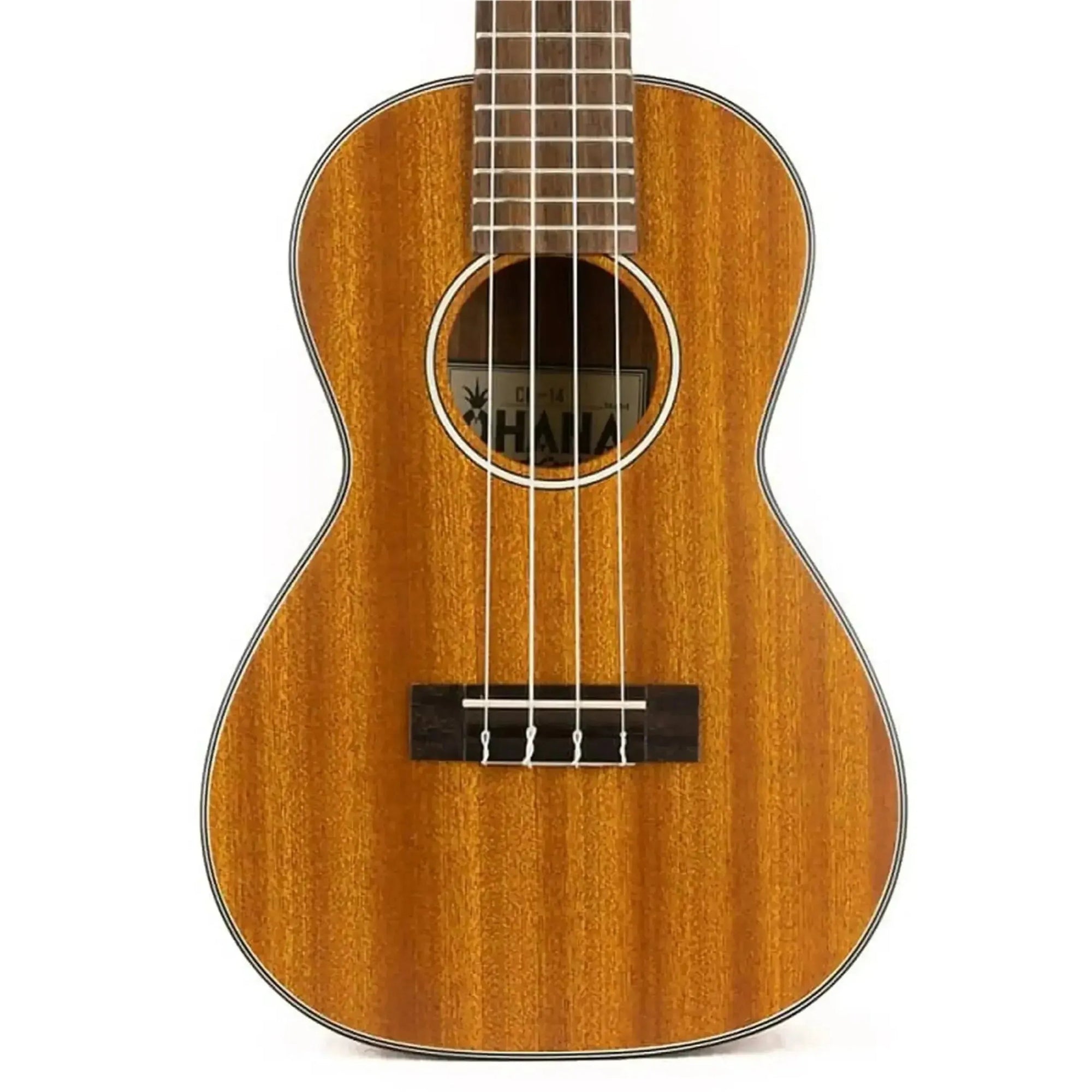 Ohana CK-14 mahogany concert ukulele with satin finish, black binding, and soundhole detail.