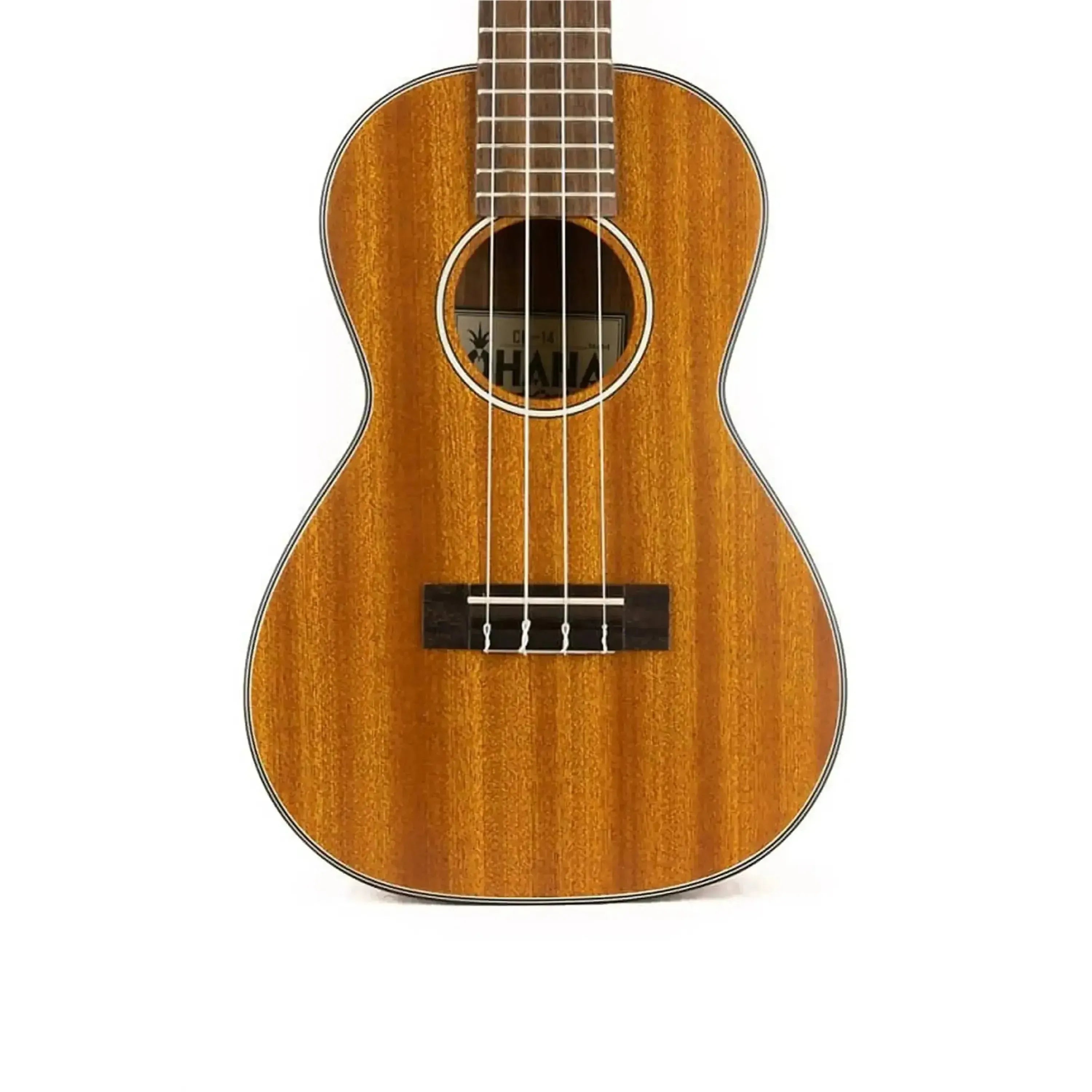 Ohana CK-14 mahogany concert ukulele with satin finish, black binding, and soundhole detail.