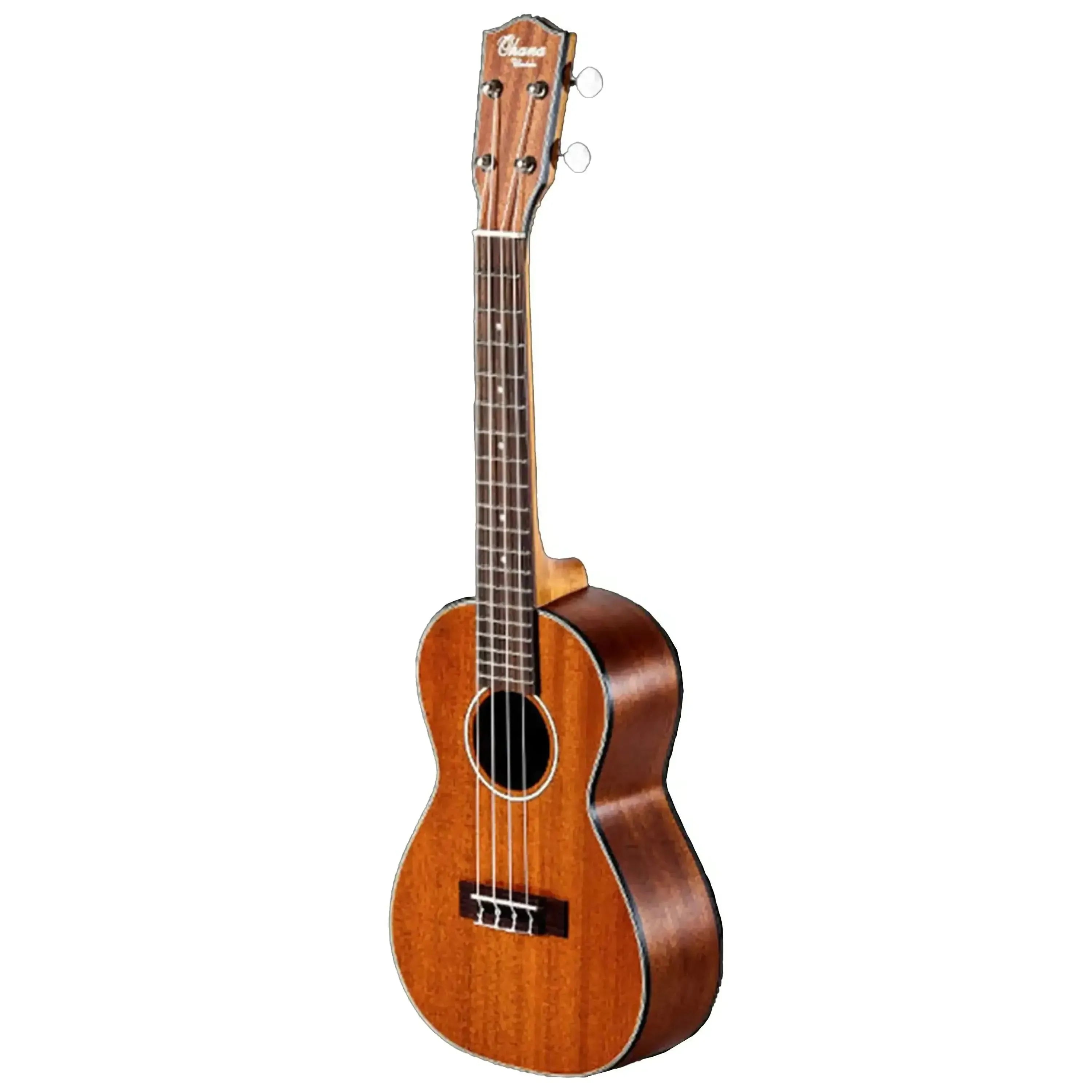 Ohana CK-14 mahogany concert ukulele with satin finish, black binding, and slotted headstock.