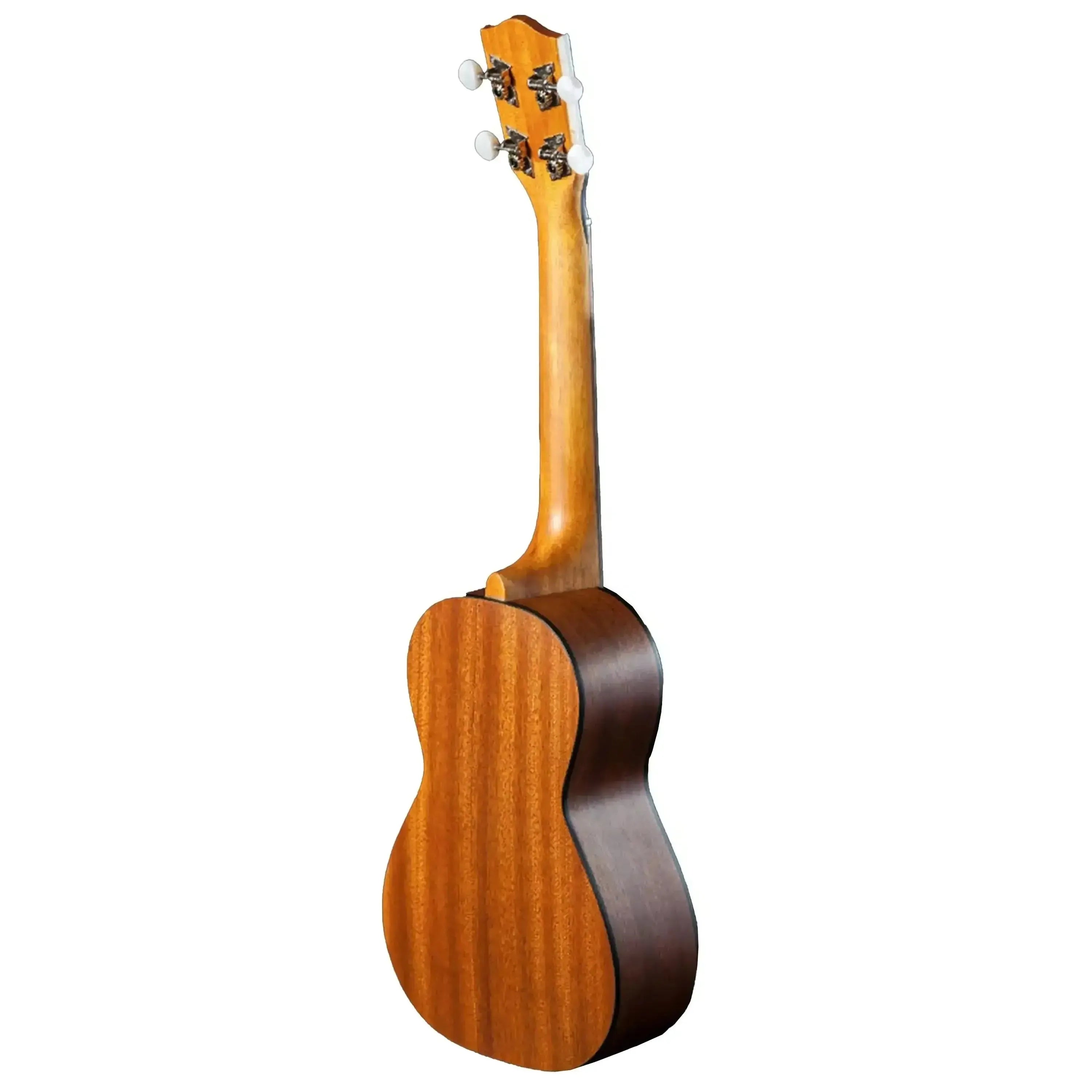 Ohana CK-14 Mahogany Concert Ukulele, back view, showing warm wood grain, satin finish, and slotted headstock.
