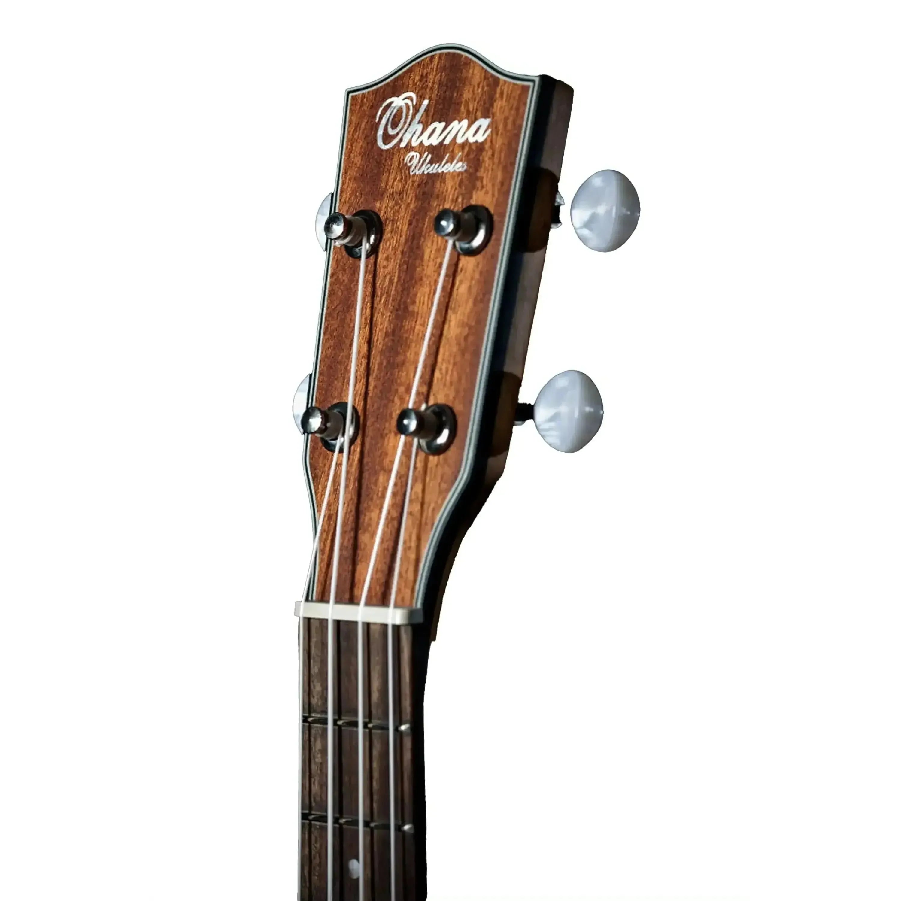 Ohana CK-14 Concert Ukulele headstock with mahogany finish, white tuners, and "Ohana Ukulele" logo.