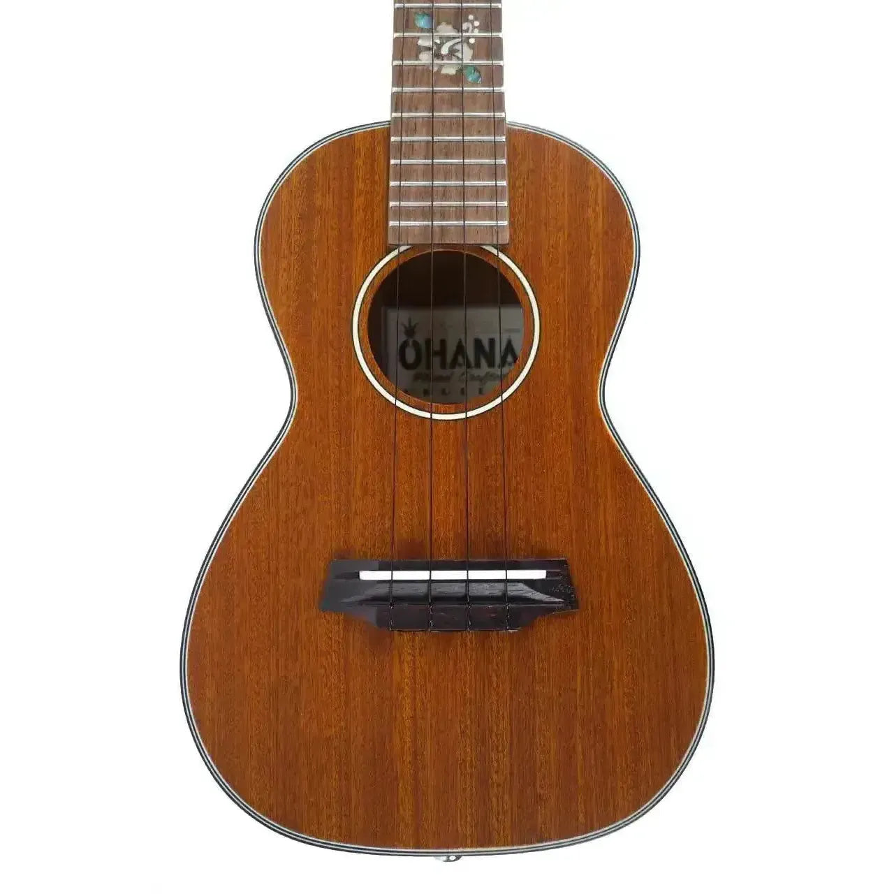 Ohana CK-14E-CL Cynthia Lin Series concert ukulele, mahogany laminate body, satin finish, floral fretboard inlay.