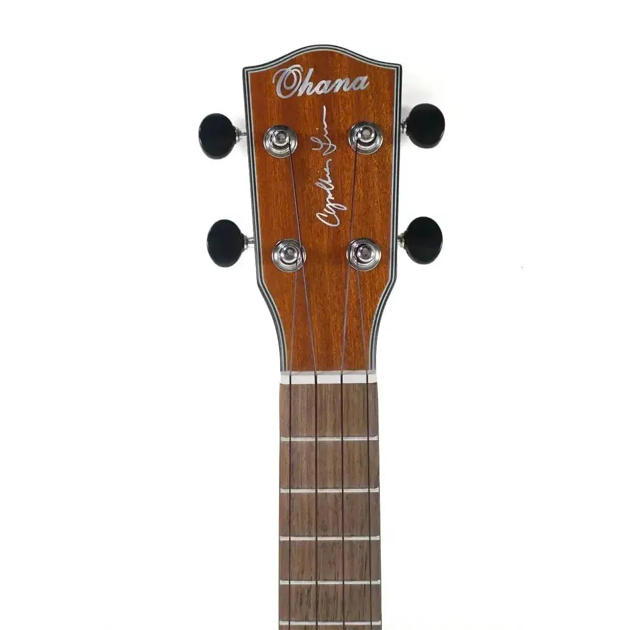 Ohana CK-14E-CL Concert Ukulele mahogany headstock with Cynthia Lin's signature and black Grover tuners.