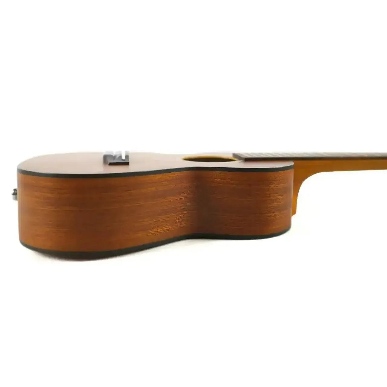 Ohana CK-14E Mahogany Concert Ukulele, side view showing warm brown wood grain and black binding.