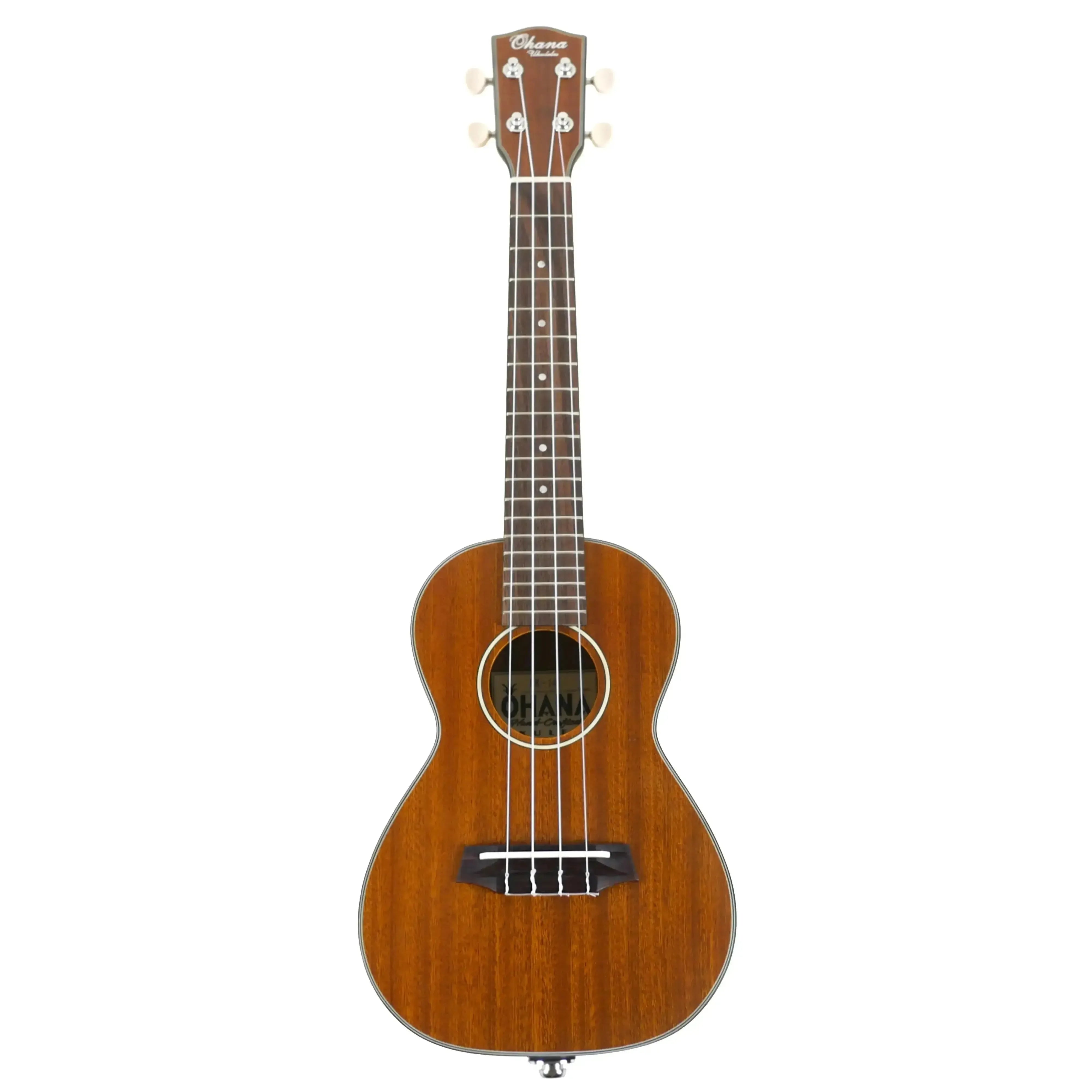 Ohana CK-14E Mahogany Concert Ukulele with open-slotted headstock, black binding, and pearloid fret markers.