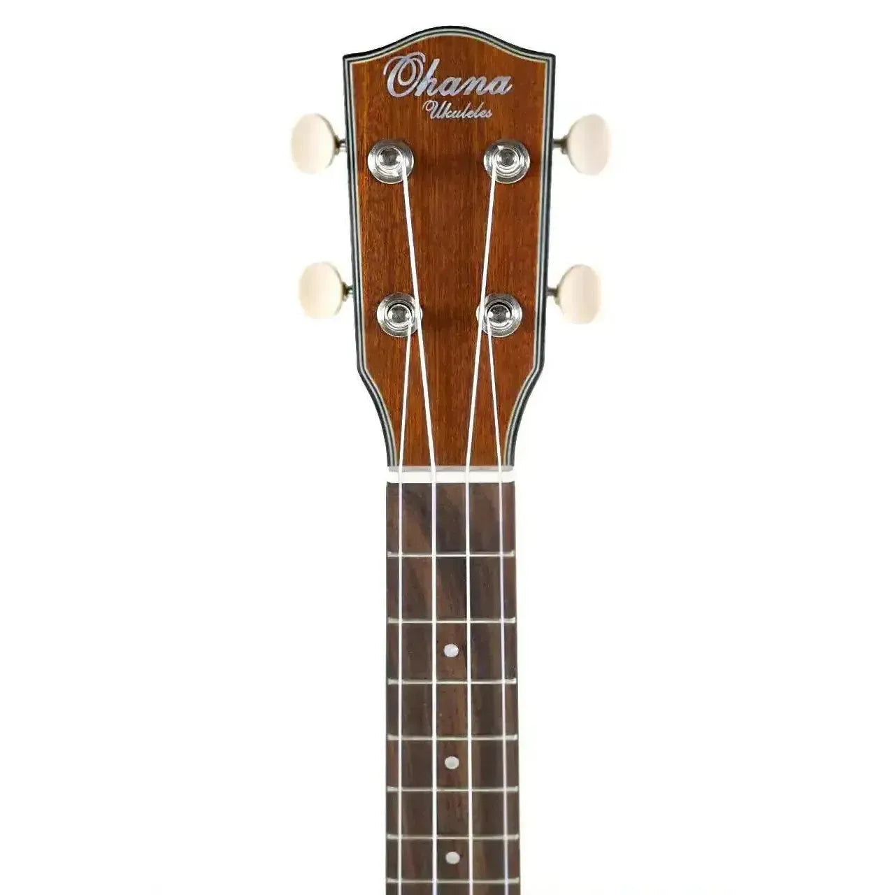 Ohana CK-14E mahogany concert ukulele headstock with open-slotted design, Grover tuners, and white binding.