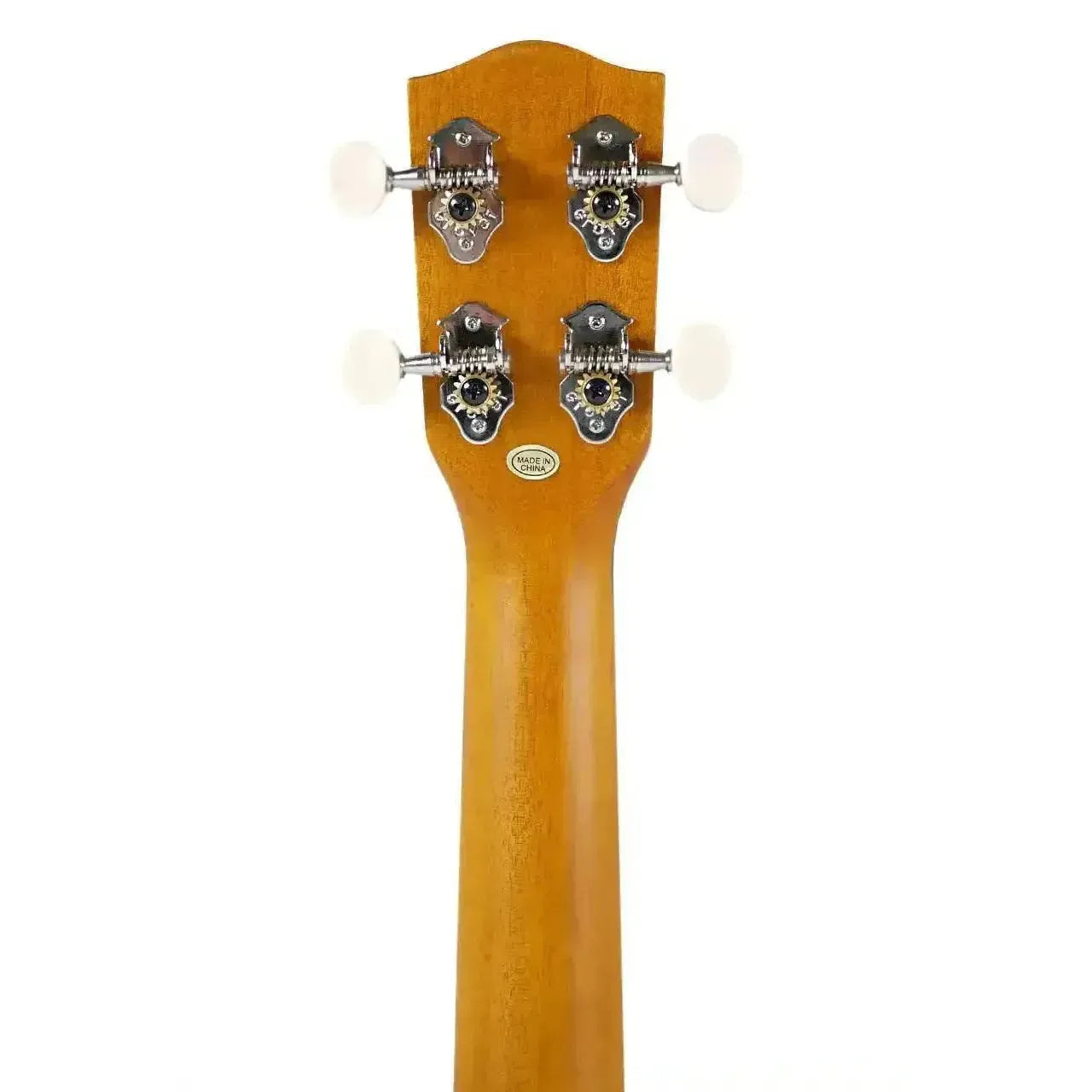 Ohana CK-14E Mahogany Concert Ukulele headstock with open-geared tuners and "Made in China" sticker.