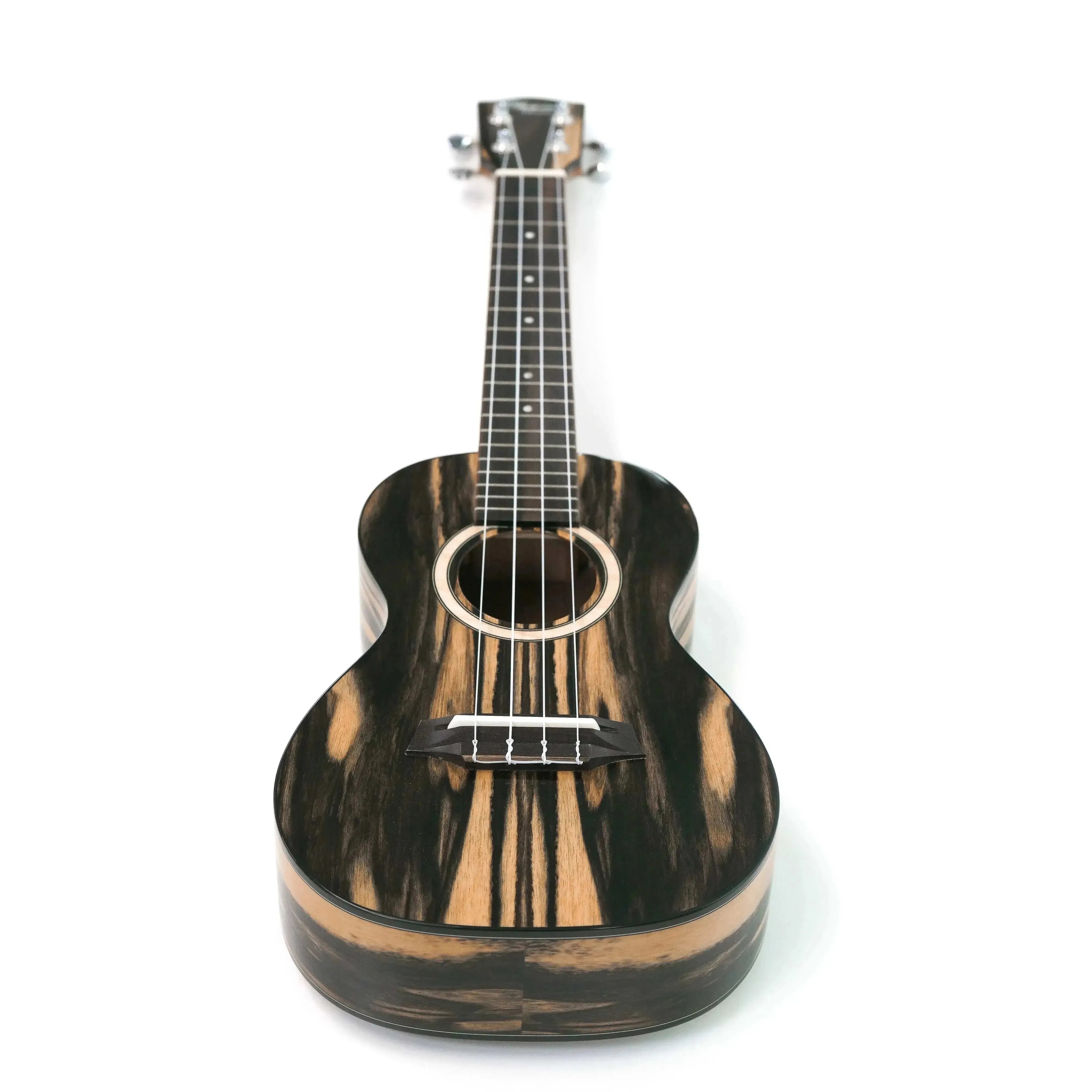 Ohana CK-150BWE Concert Ukulele with black and white ebony wood grain, abalone rosette, and glossy finish.