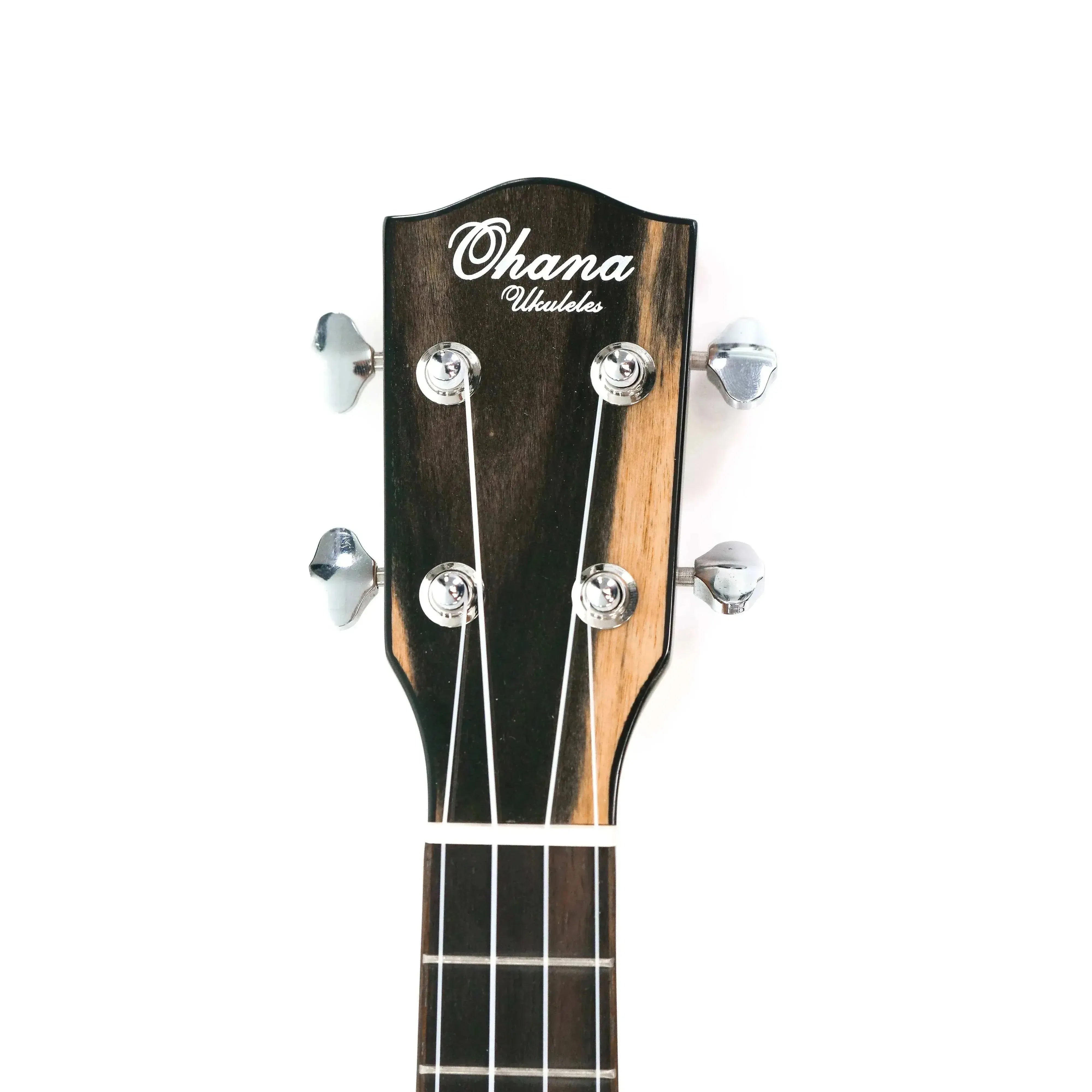 Ohana CK-150BWE Concert Ukulele headstock with black and white ebony grain and silver tuners.