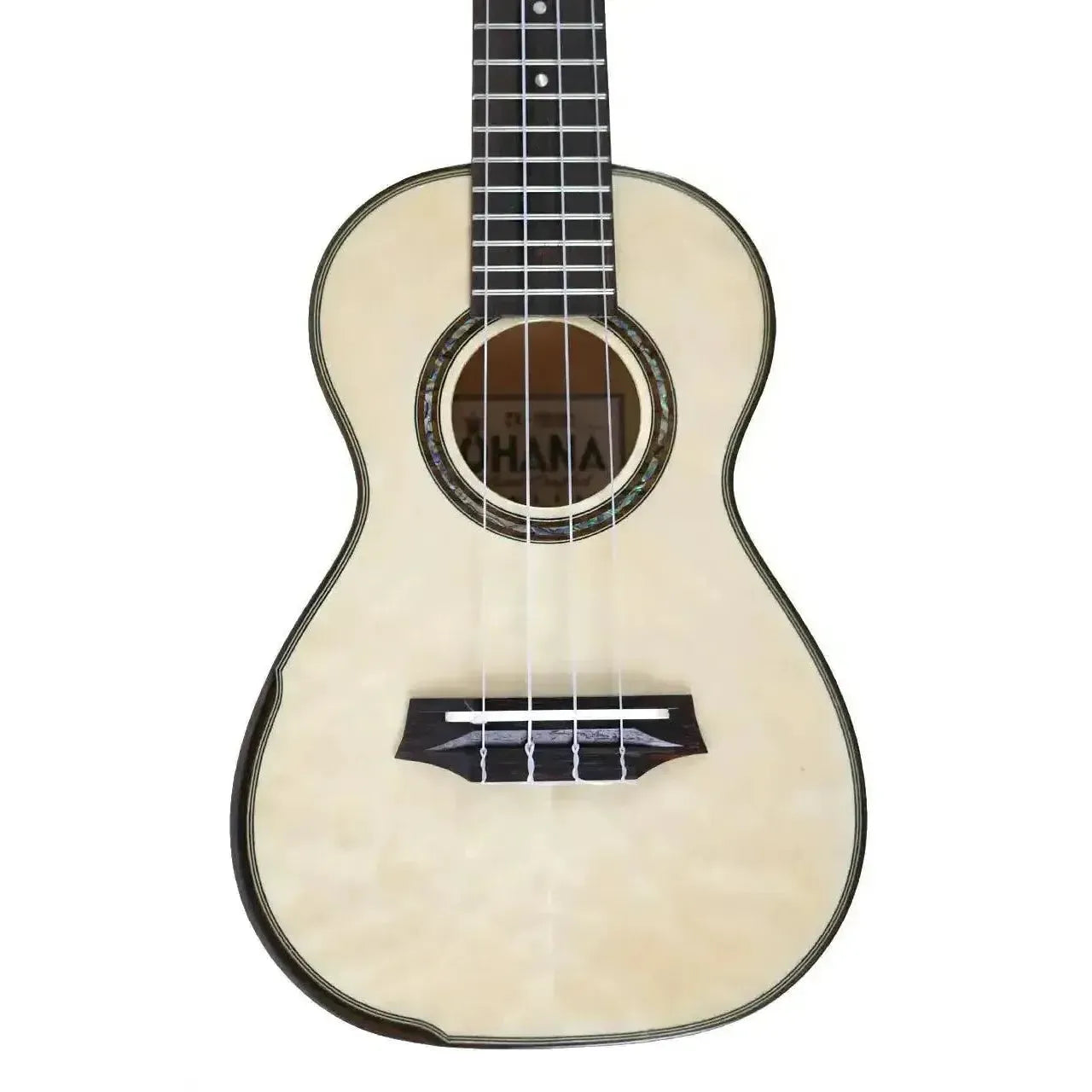 Ohana CK-150QEL Concert Ukulele with quilted eucalyptus body, abalone rosette, and dark binding.