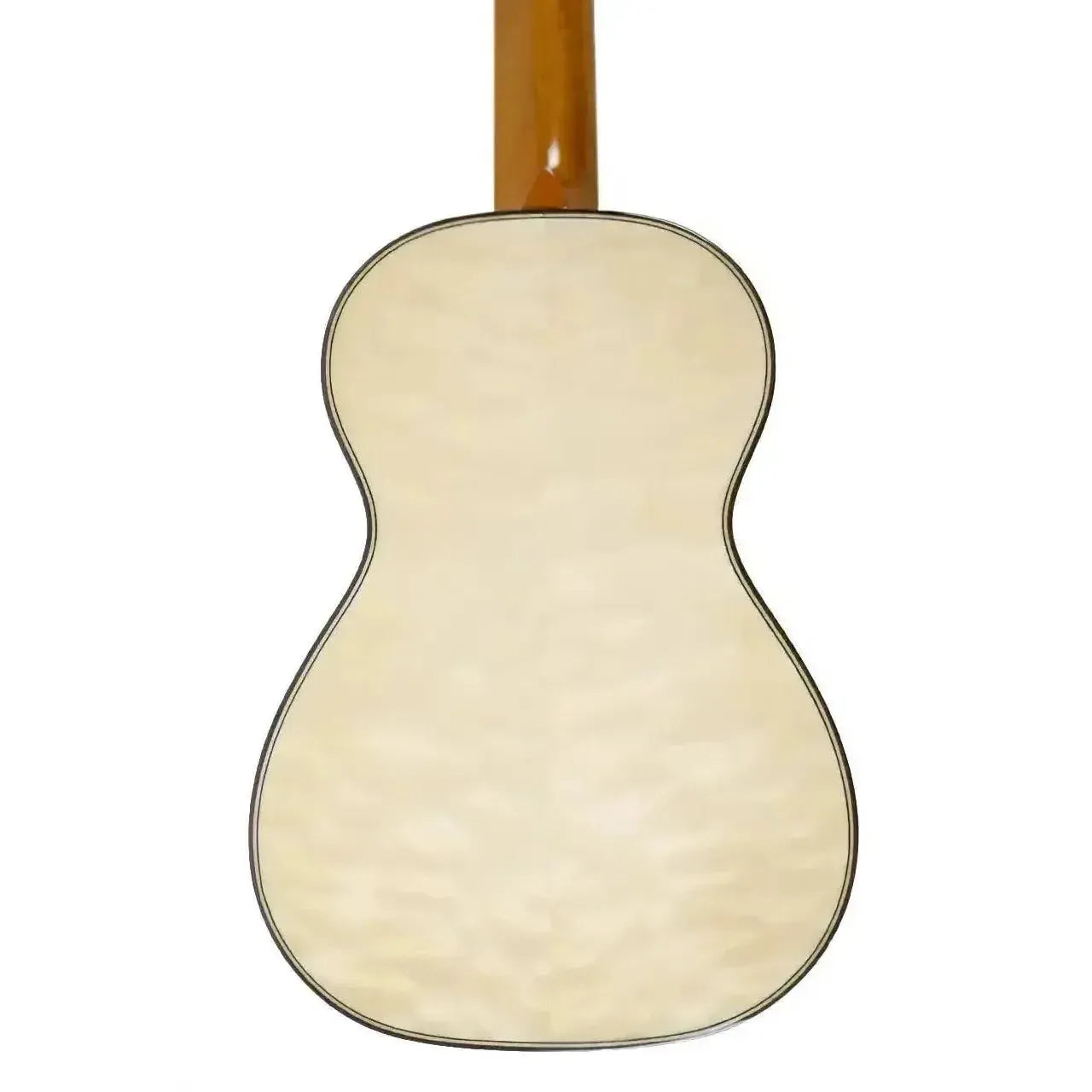 Ohana CK-150QEL Concert Ukulele back, showing quilted eucalyptus laminate with mahogany binding.