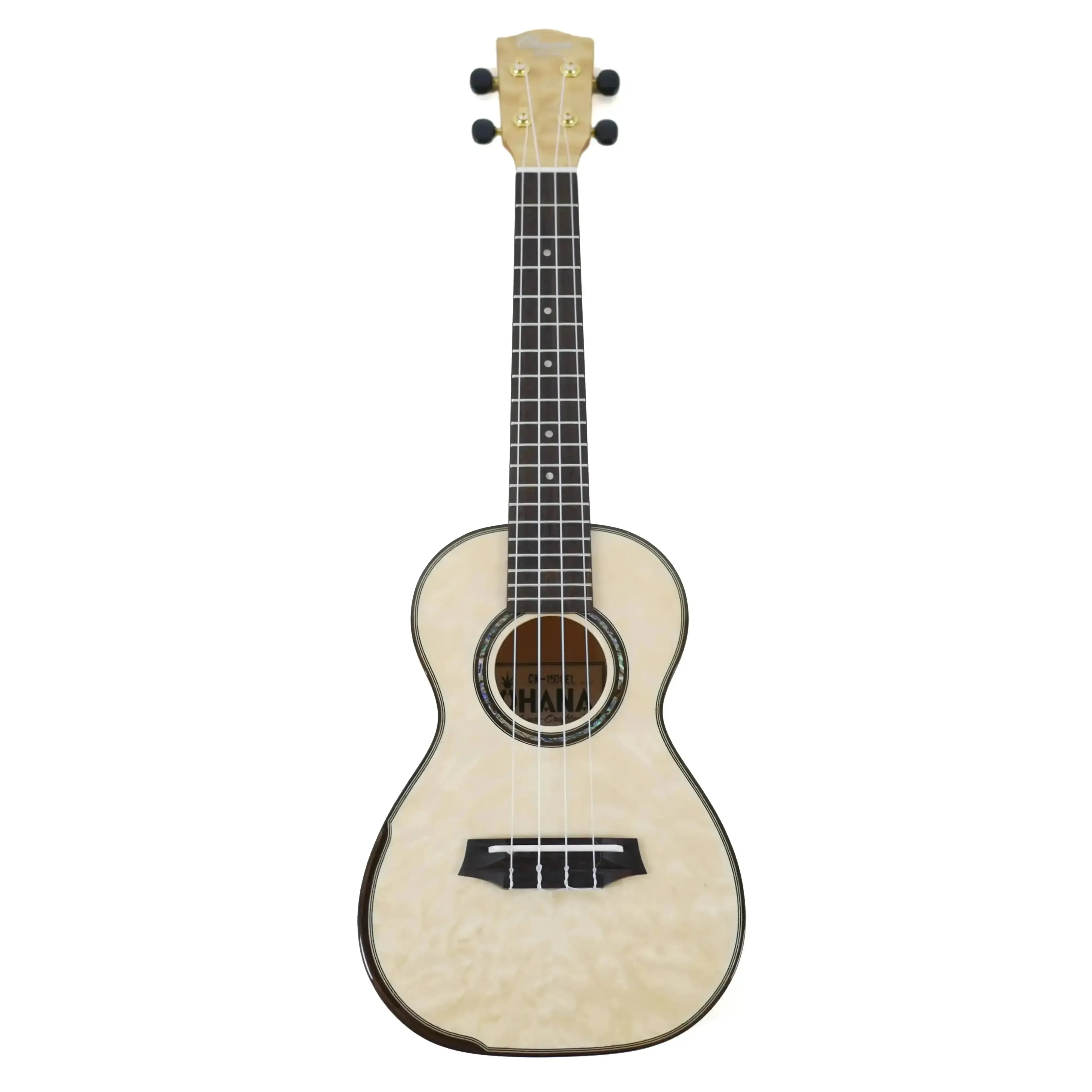 Ohana CK-150QEL Concert Ukulele with quilted eucalyptus, glossy finish, abalone rosette, and gold tuners.