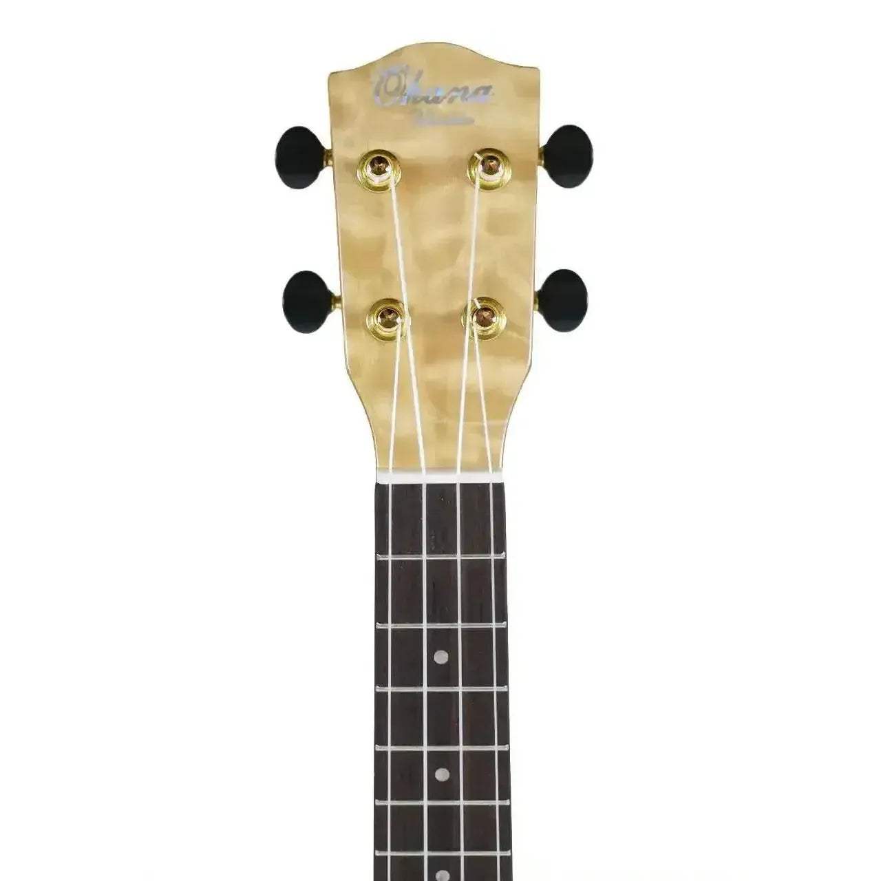 Ohana CK-150QEL Concert Ukulele headstock with quilted eucalyptus, gold Grover tuners, and black buttons.