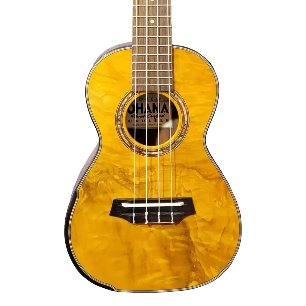 Ohana CK-150SMP Concert Ukulele with figured spalted maple body, glossy finish, and abalone rosette.