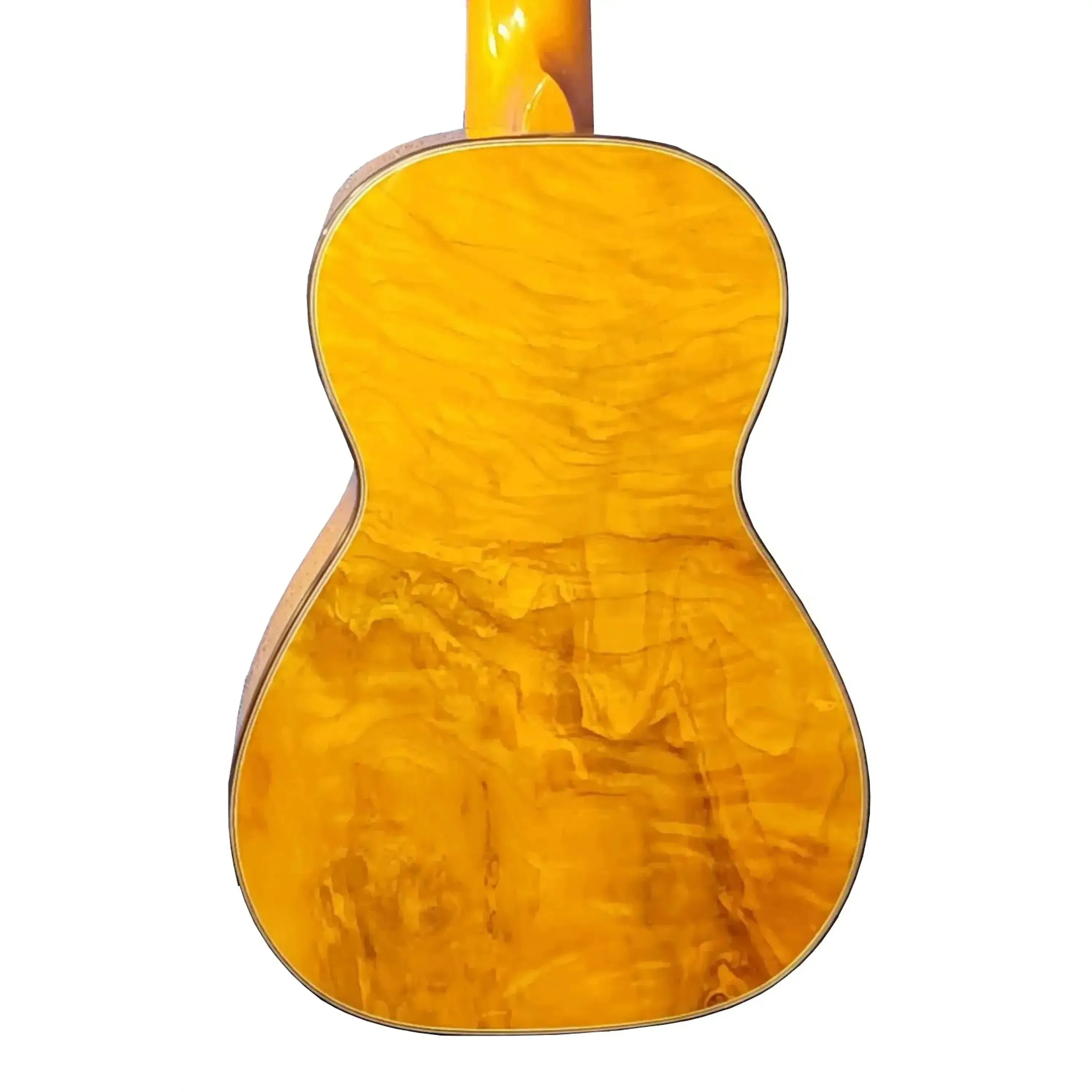 Ohana CK-150SMP concert ukulele back, showing figured spalted maple with a glossy finish.