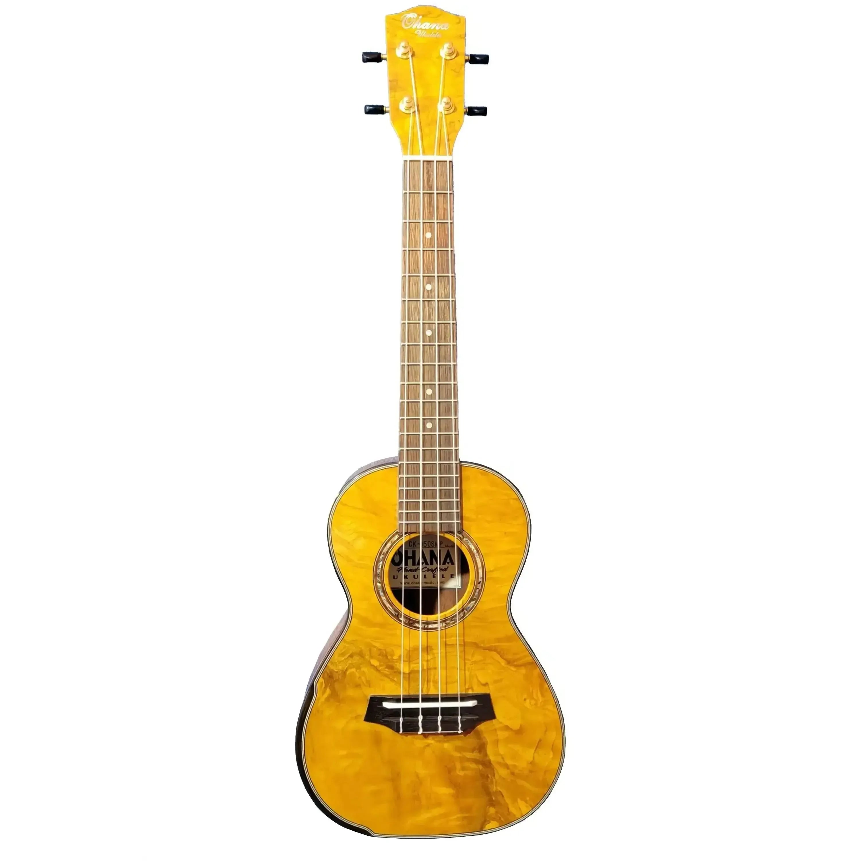 Ohana CK-150SMP concert ukulele with figured spalted maple body, glossy finish, and abalone rosette.