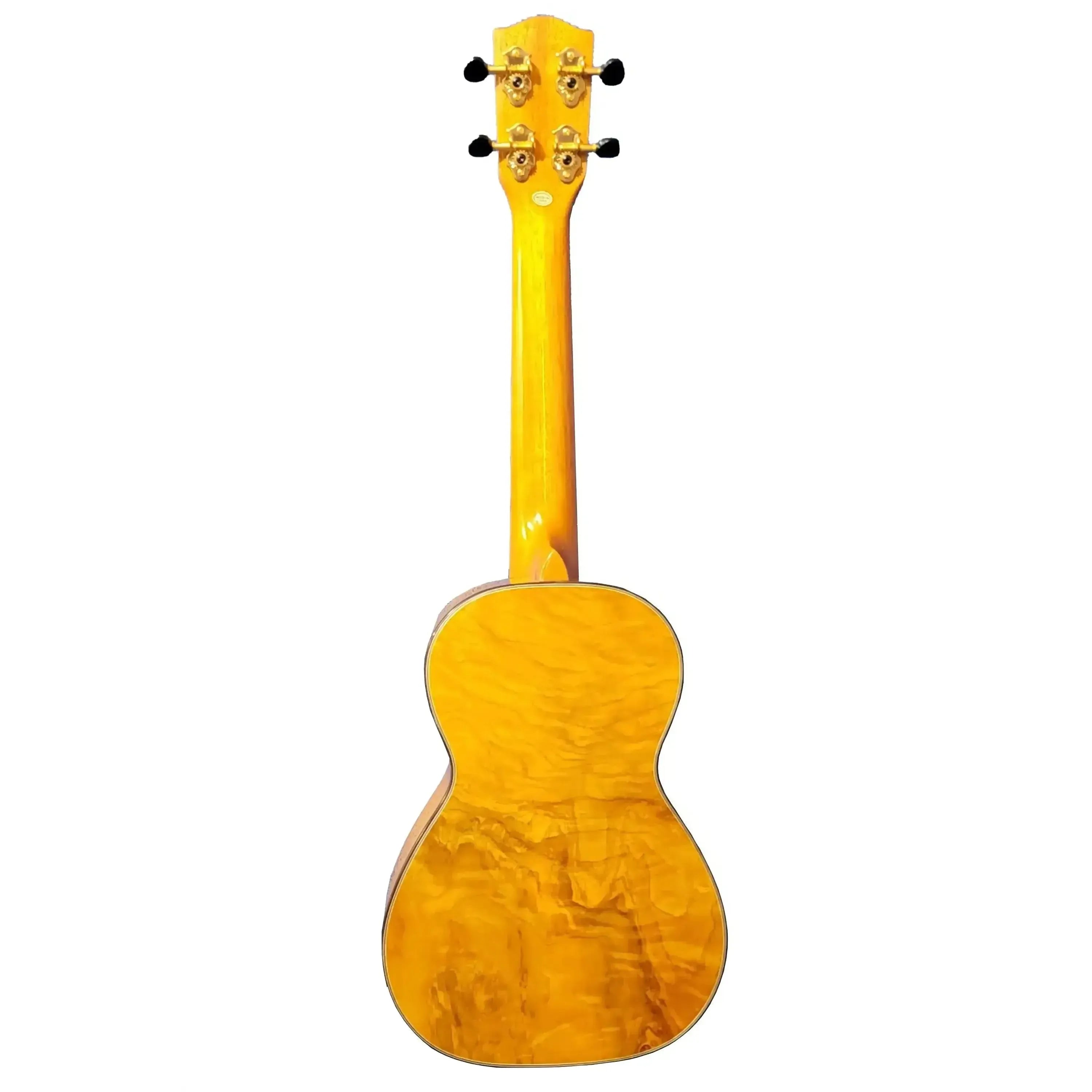 Back of Ohana CK-150SMP Concert Ukulele, showing figured spalted maple with a glossy finish and gold tuners.