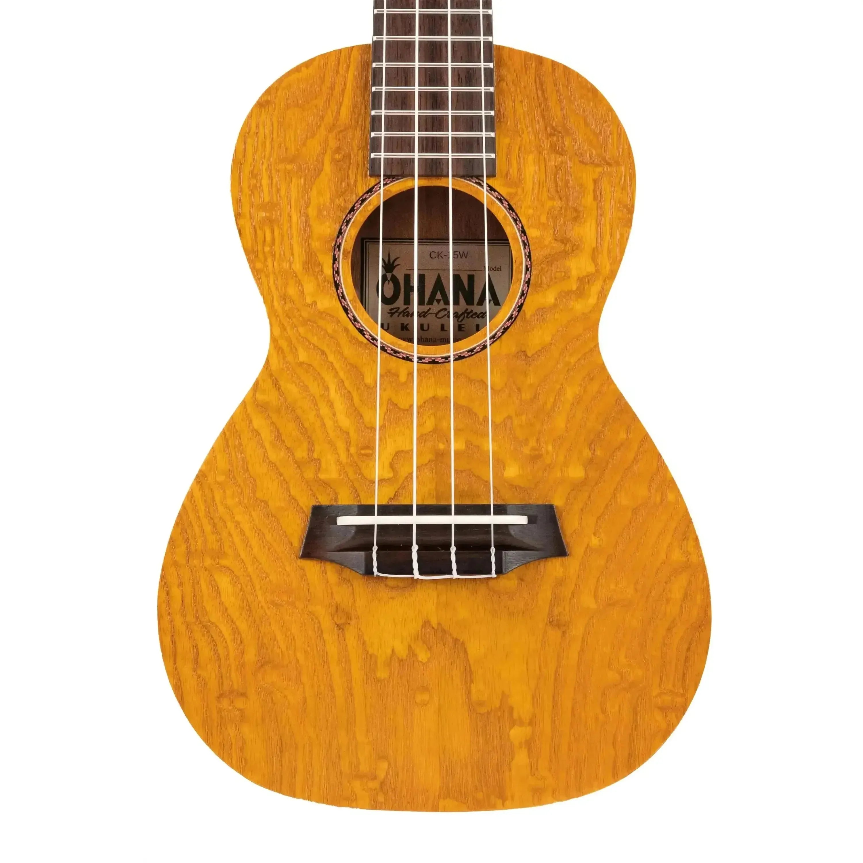 Ohana CK-15W Willow Concert Ukulele with light brown wood grain, ribbon soundhole, and dark bridge.
