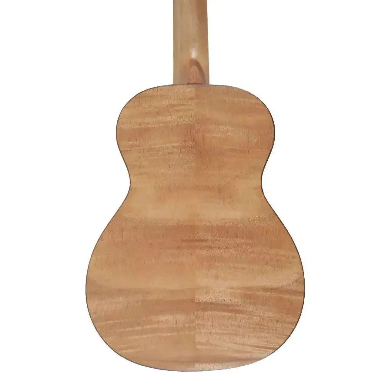 Back of an Ohana CK-18OM Concert Ukulele, showing its light brown exotic okoume wood with a satin finish.