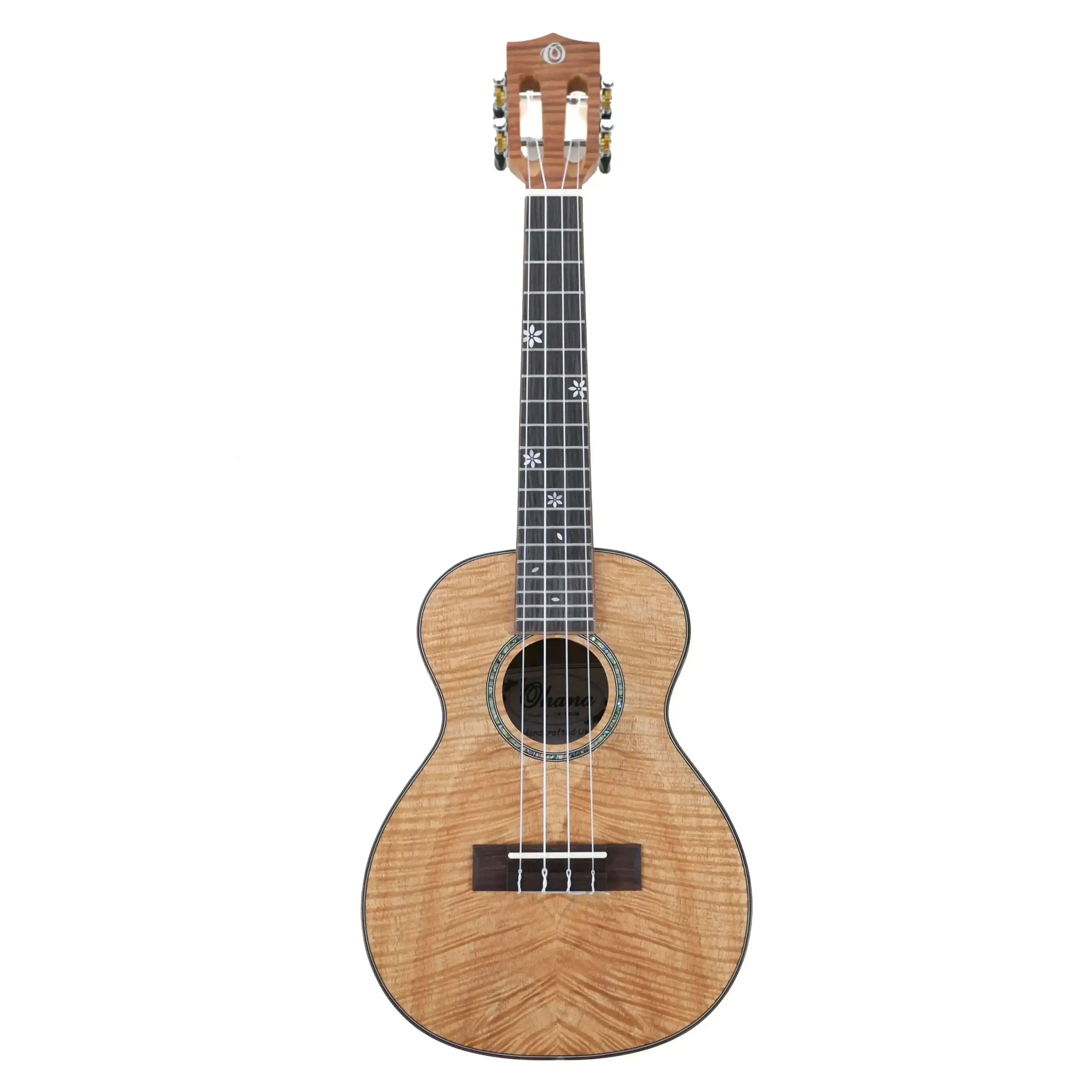 Ohana CK-18OM Series Exotic Okoume Concert Ukulele with natural wood grain, floral fretboard inlays, and slotted headstock.