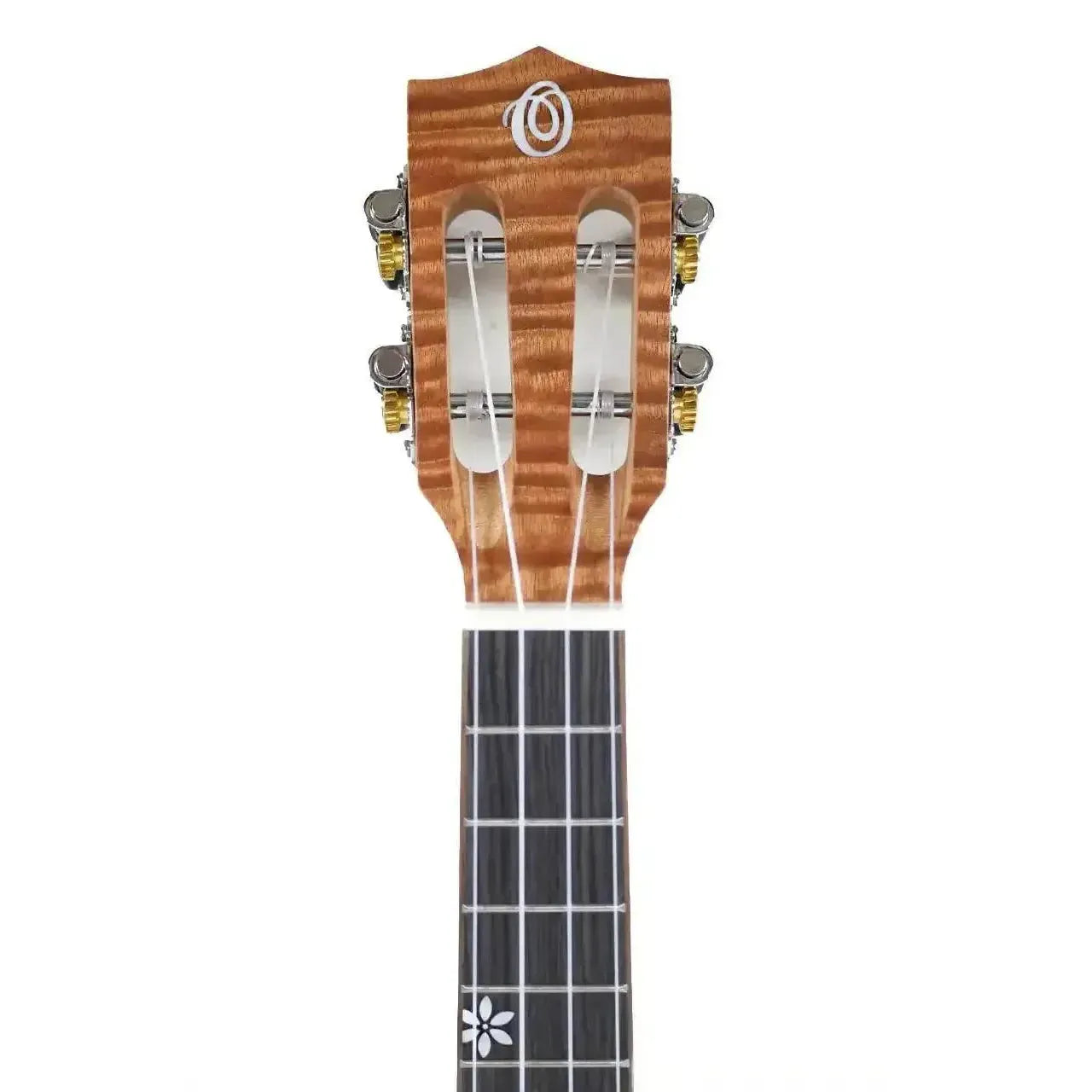 Ohana CK-18OM Concert Ukulele headstock with exotic okoume wood, slotted design, Grover tuners, and floral fret inlay.