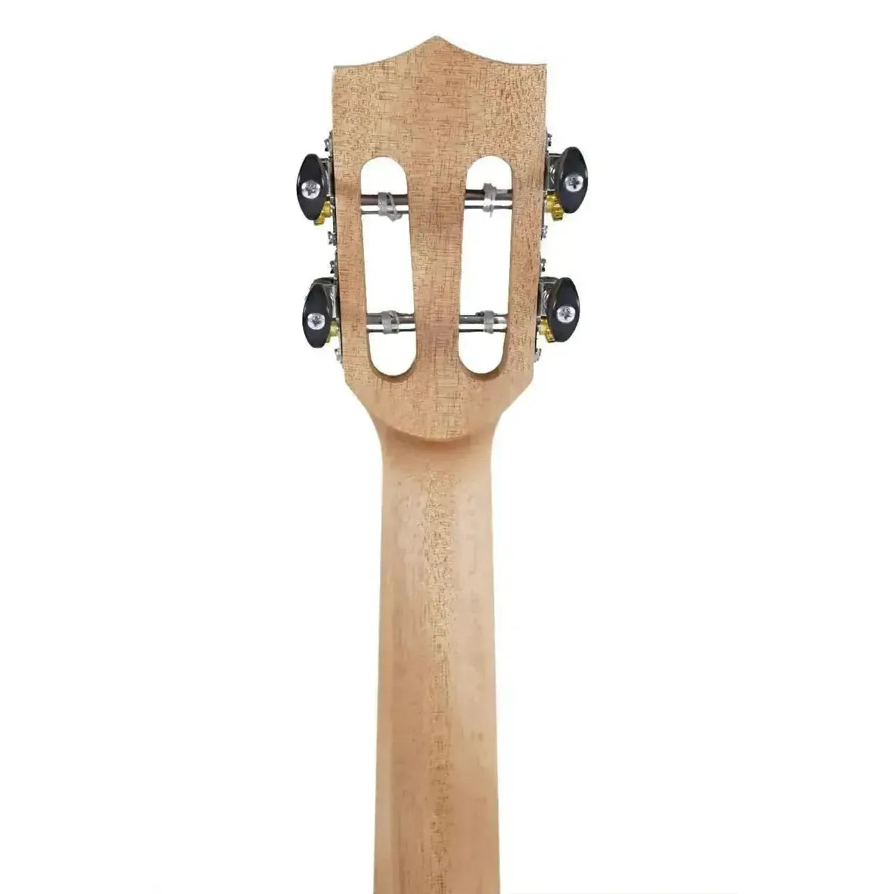 Back of Ohana CK-18OM concert ukulele headstock and neck, showing light okoume wood and Grover tuners.