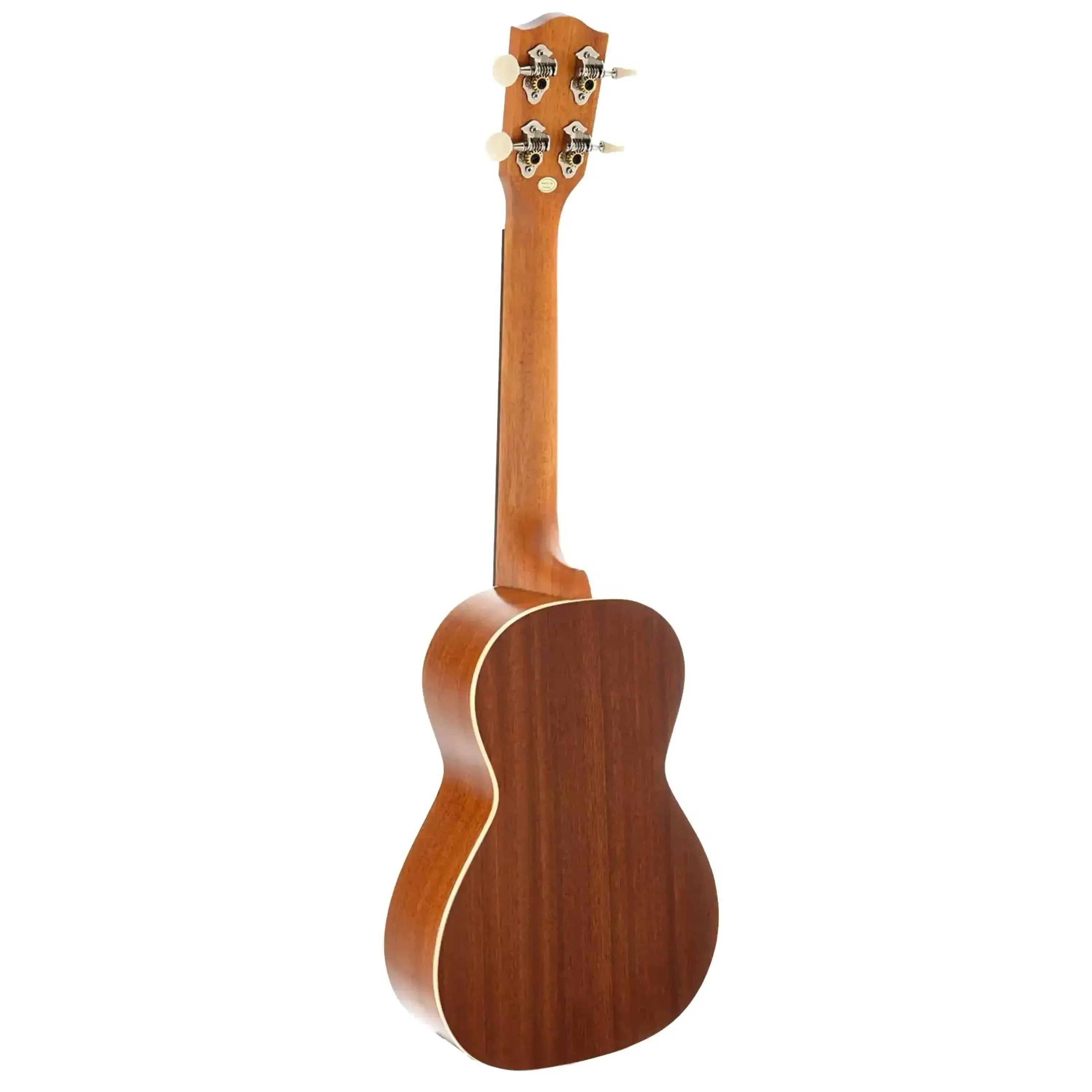 Ohana CK-20 Concert Ukulele, back view, showing solid mahogany wood, satin finish, and cream binding.