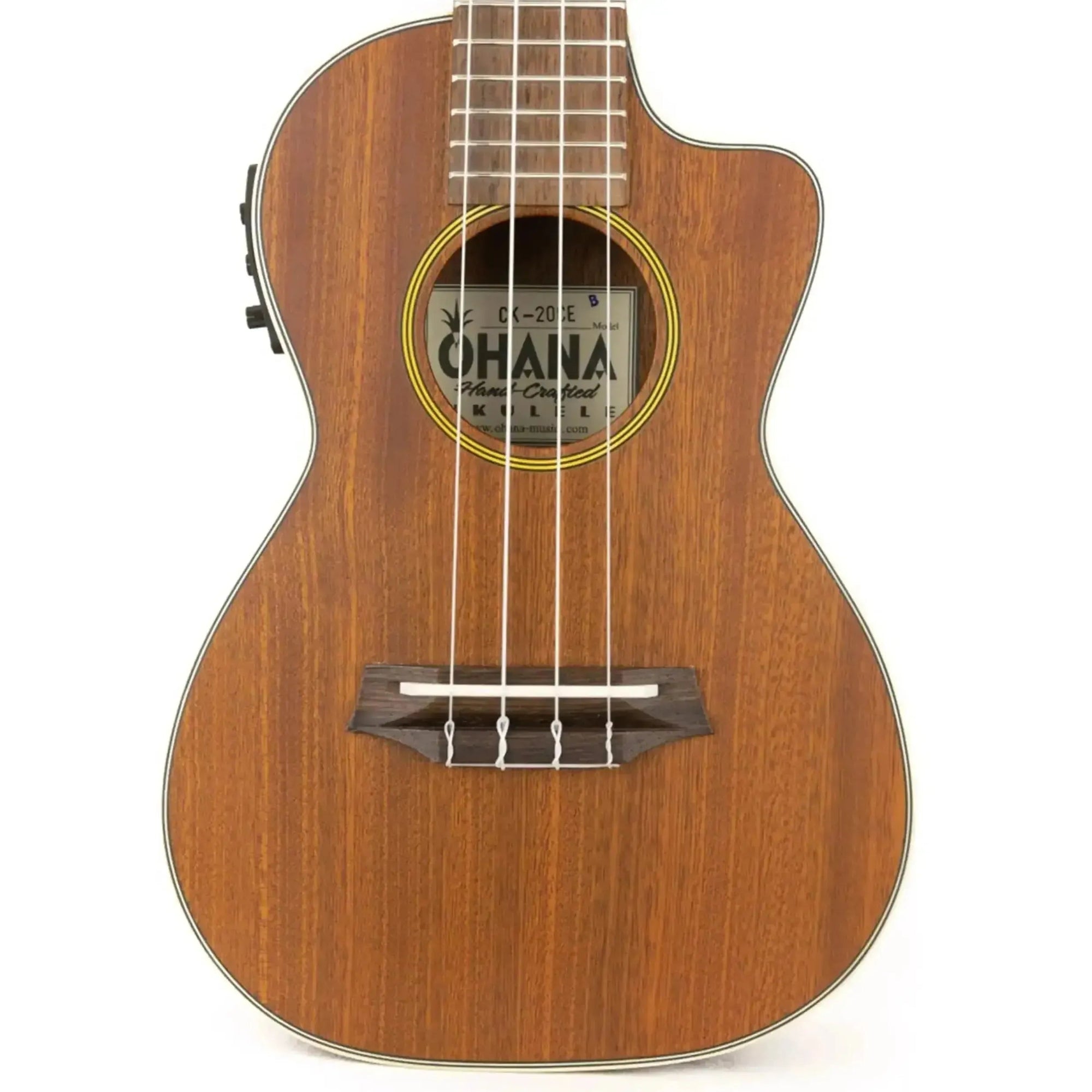 Ohana CK-20CE Mahogany Concert Ukulele with cutaway, cream binding, and soundhole label.