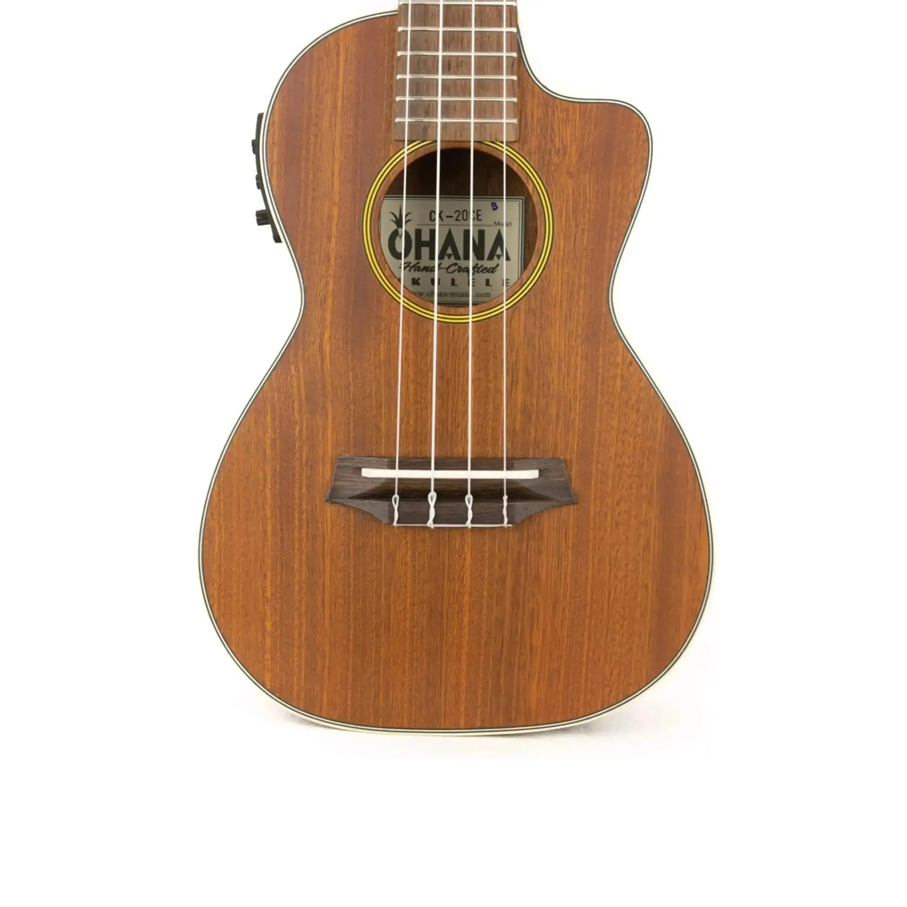 Ohana CK-20CE Mahogany Concert Ukulele with cutaway, cream binding, and soundhole label.