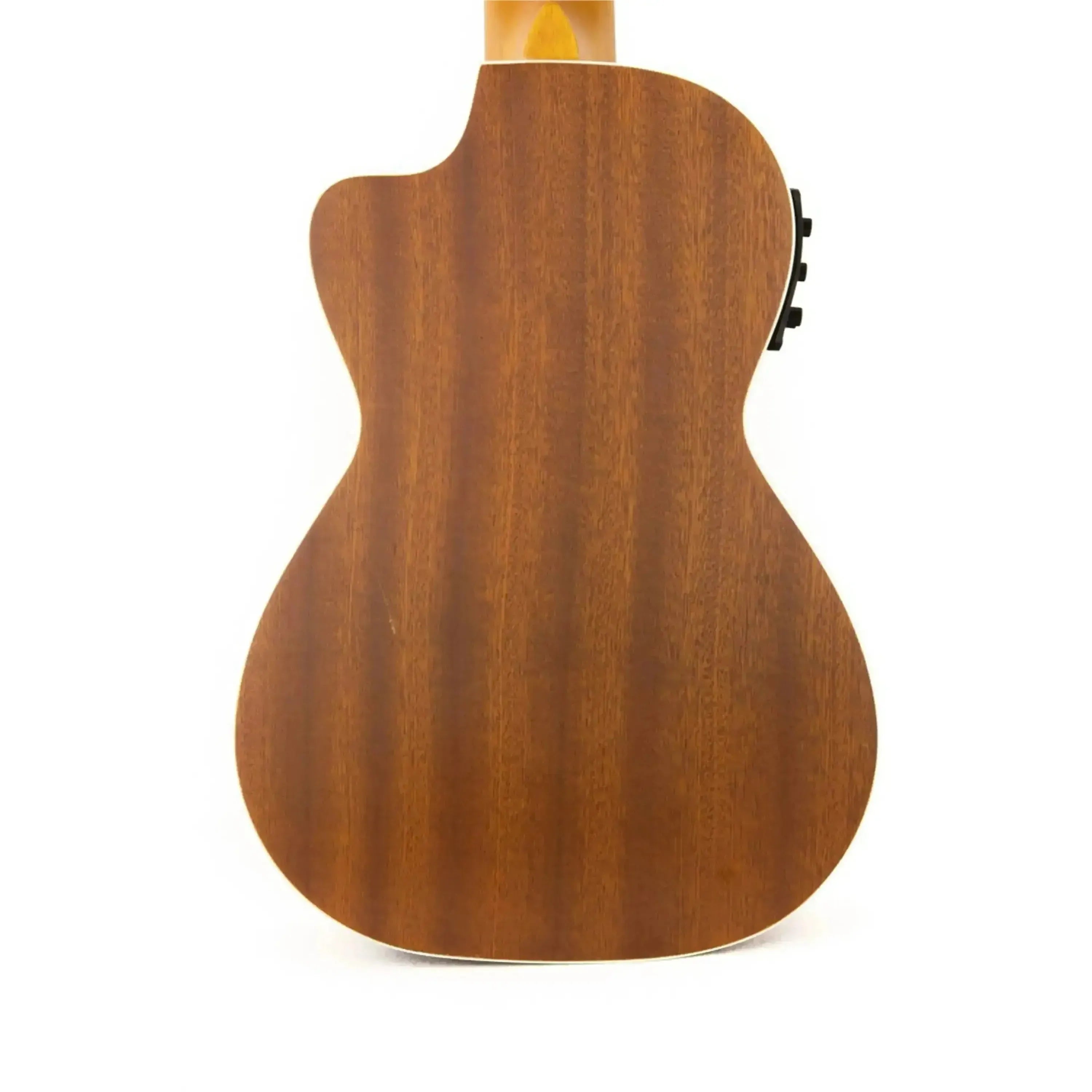 Ohana CK-20CE Mahogany Concert Ukulele back with cutaway and pickup controls.