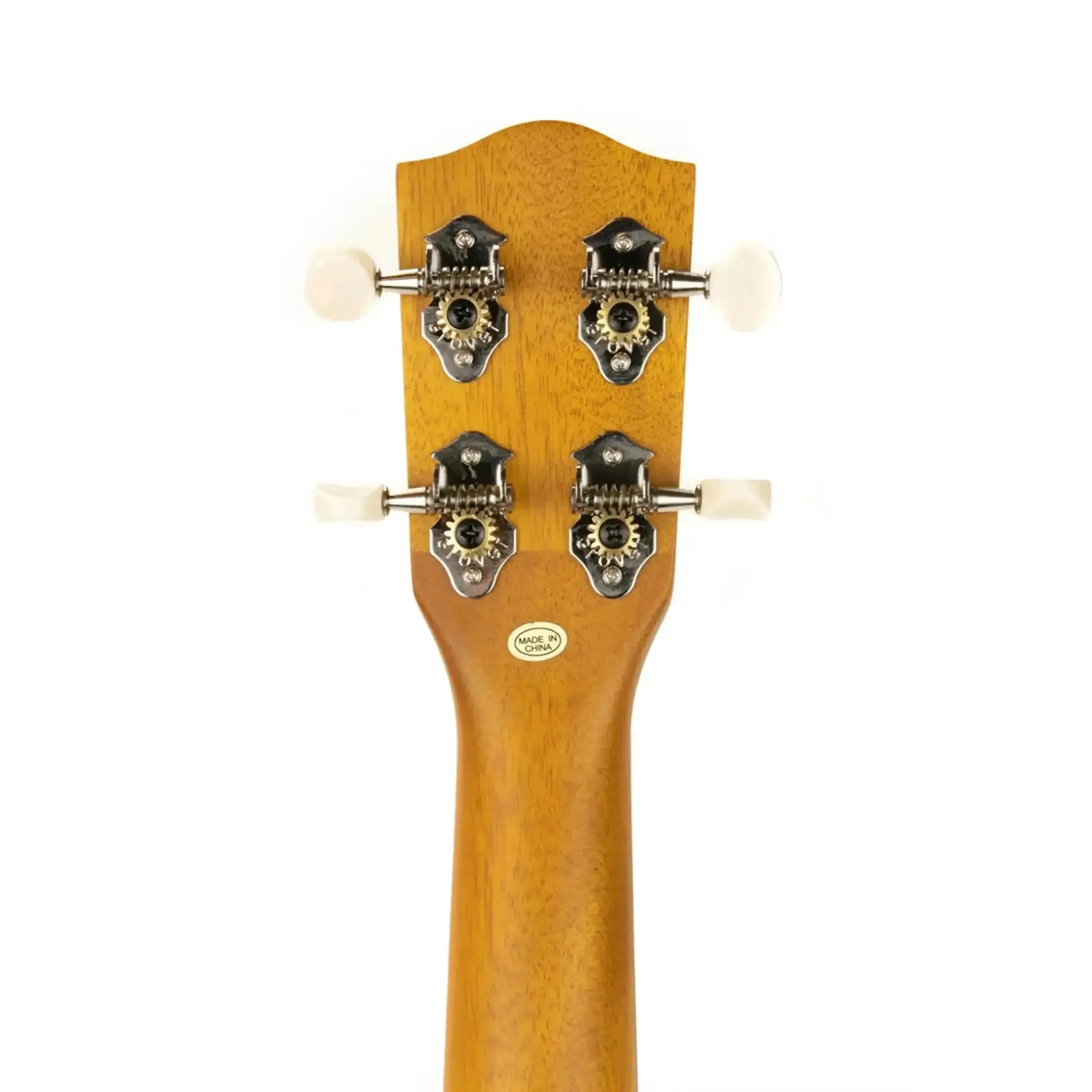 Back of Ohana CK-20CE Mahogany Concert Ukulele headstock with Grover chrome open tuners.