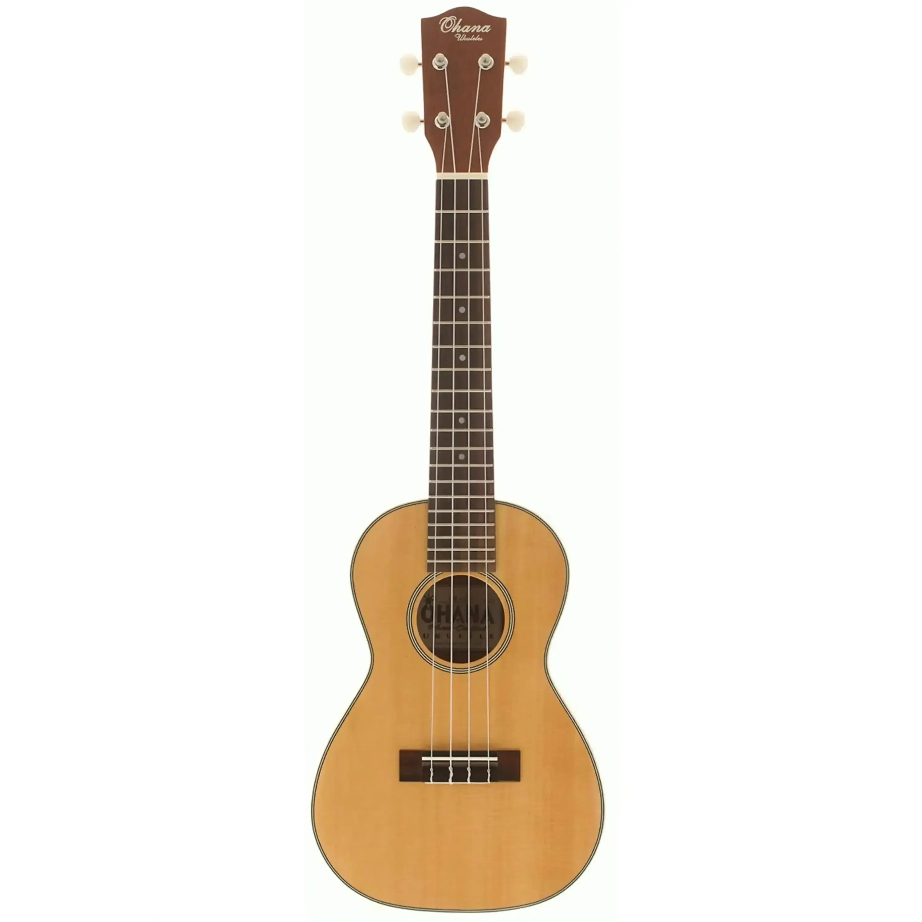 Ohana CK-22 Concert Ukulele with light spruce top, mahogany neck, and dark fretboard.